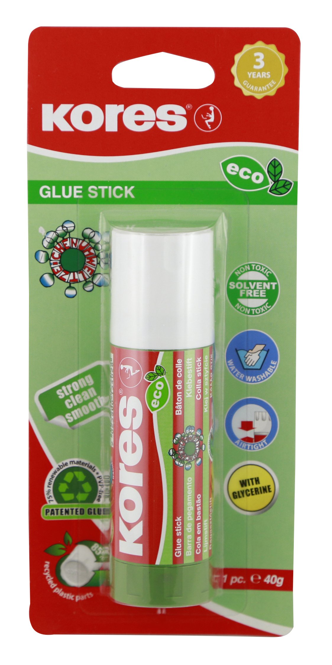 Kores - Eco Glue Stick, Strong-Hold Adhesive, Safe and Non-Toxic Craft Glue for Arts and Crafts, Environment-Friendly, Pack of 1 x 40g
