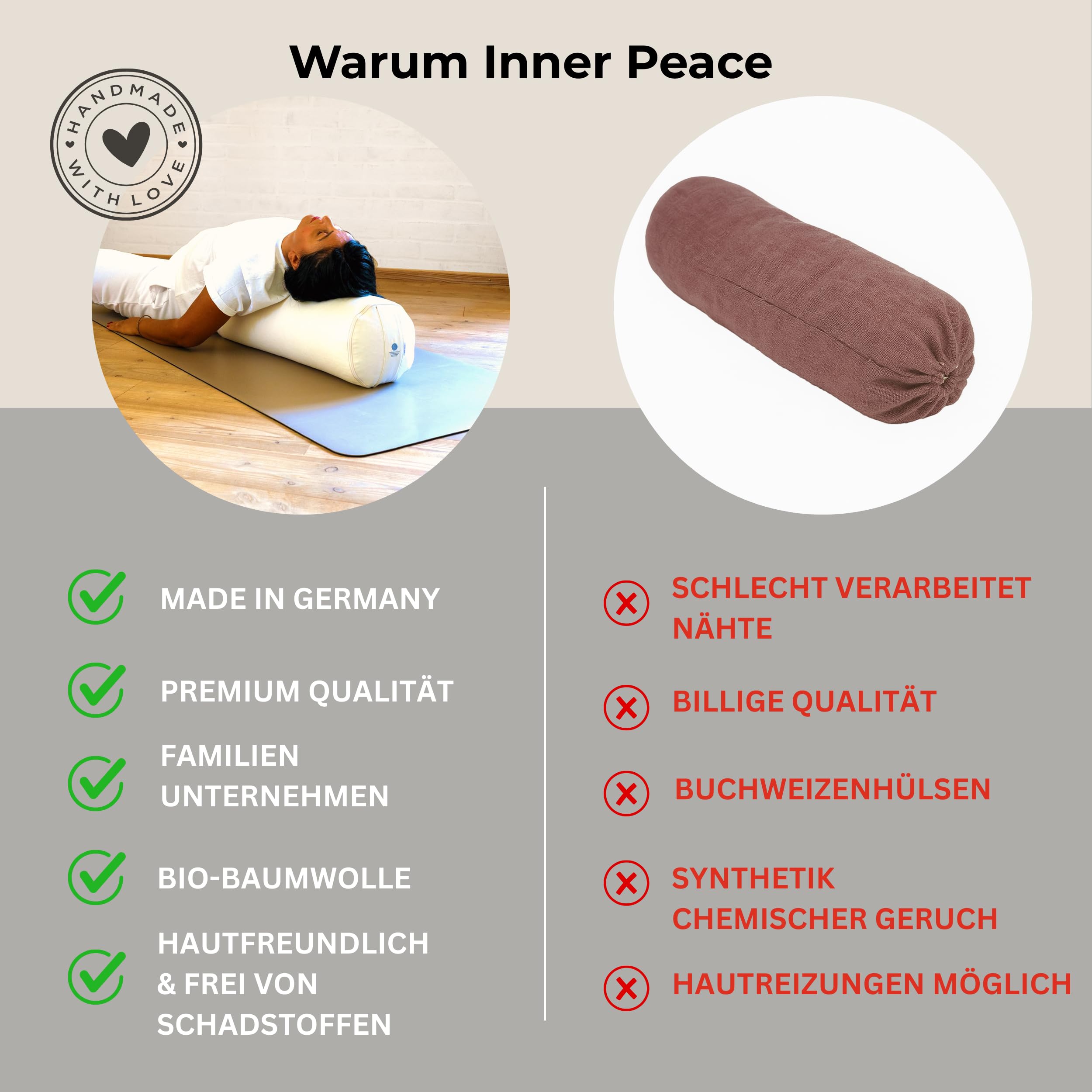 Yoga Bolster Ø 23 cm mit Bio-Dinkelfüllung | Bezug aus 100% Bio-Baumwolle, Yogakissen lang, Made in Germany, waschbarer Bezug, für Yoga & Entspannung