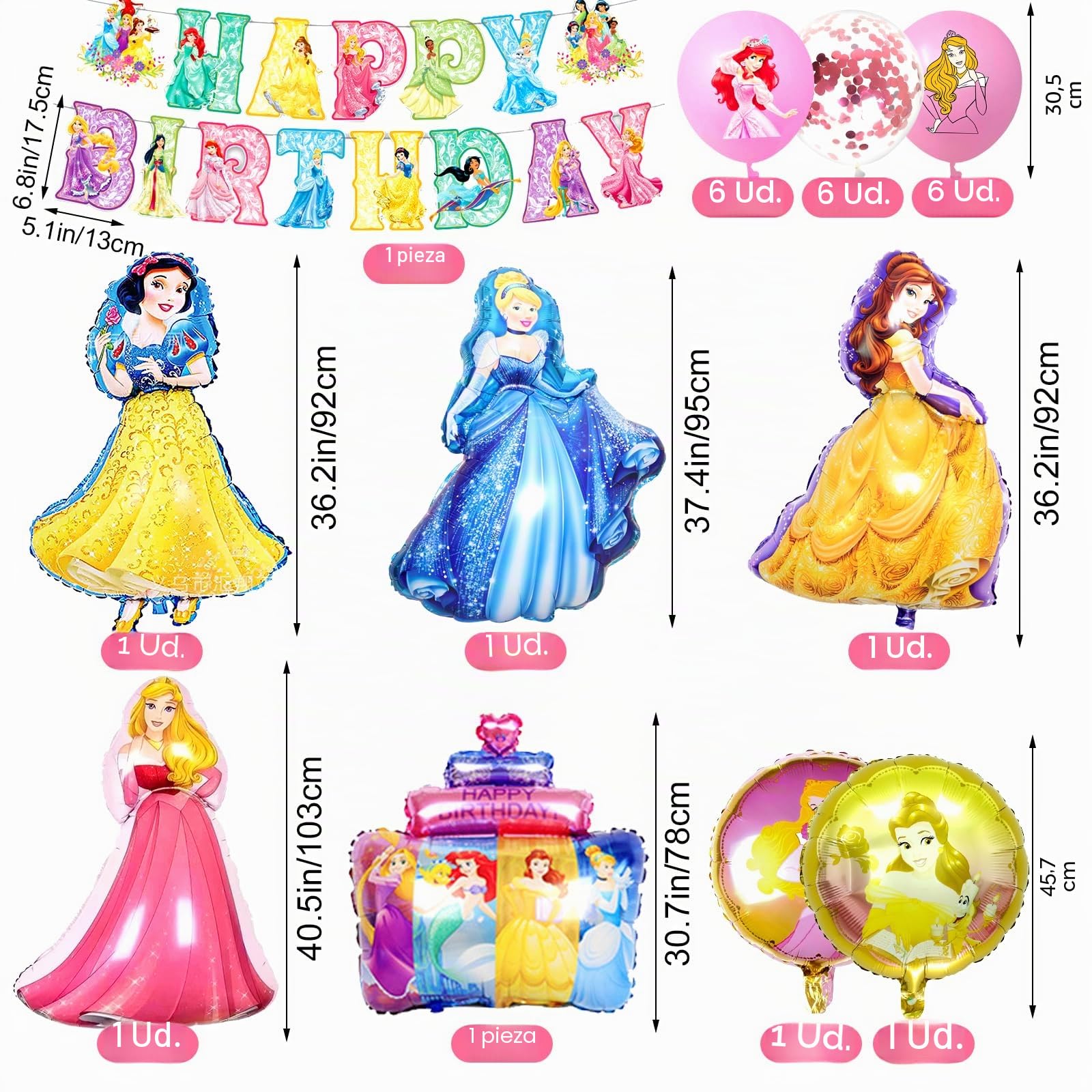 Juego de decoración de cumpleaños 3 de princesa - 53 unidades con globos, globos de aluminio y accesorios para fiestas de cumpleaños infantiles