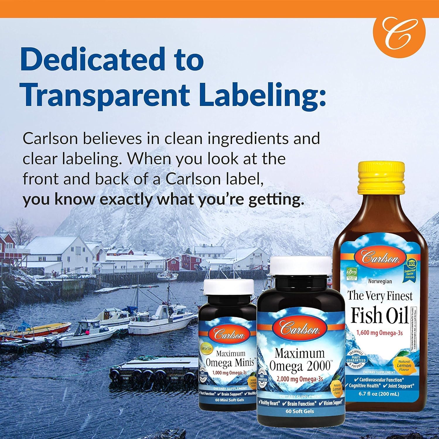 Tudor Carlson, el mejor aceite de pescado, de origen sostenible en Noruega con 1600 mg de Omega-3, naranja, 200 ml