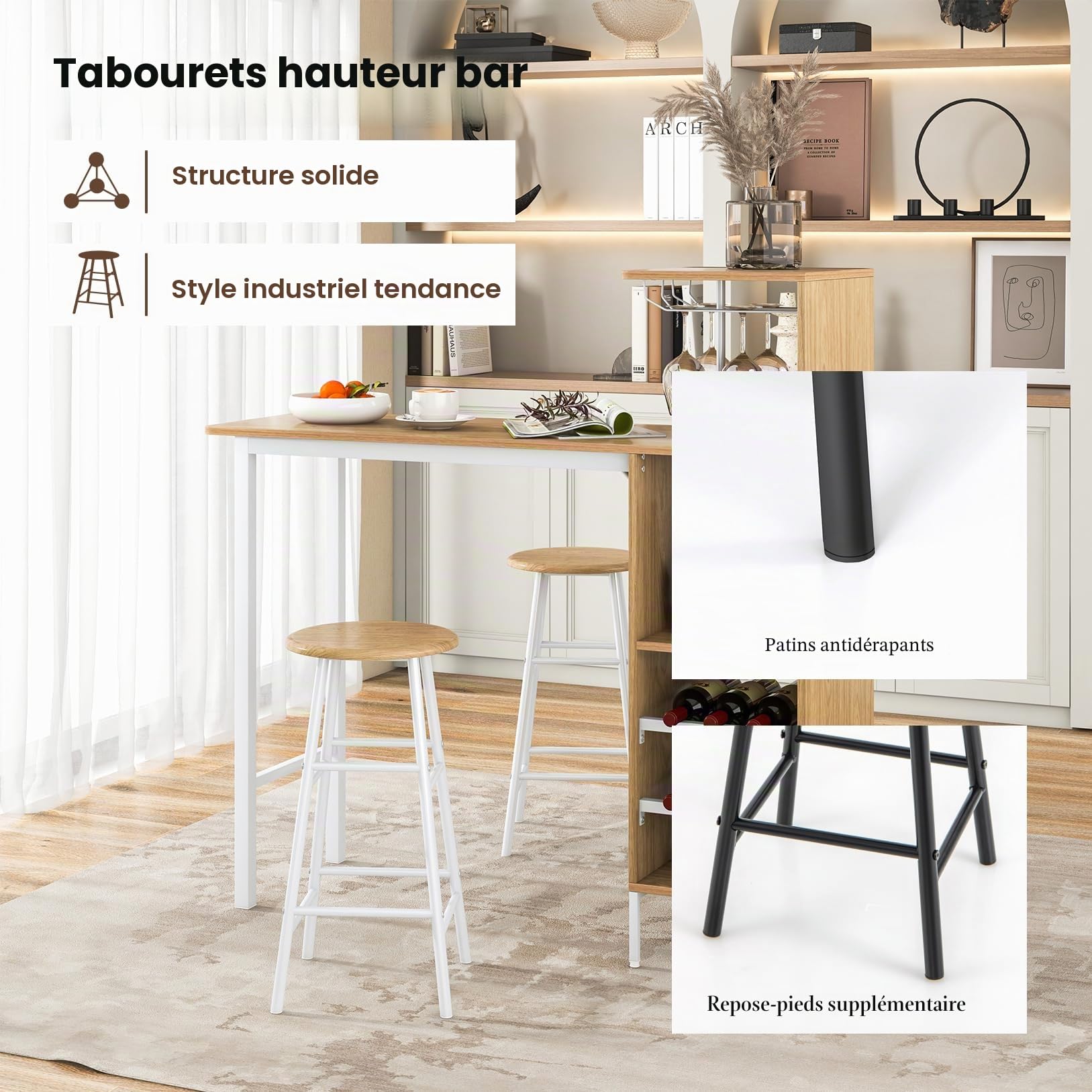 HOMASIS Ensemble de table de bar avec 2 tabourets de bar, table de salle à manger avec supports pour verres à vin et étagères pour 6 bouteilles de vin, table bistro industrielle pour cuisine, 120 x 40