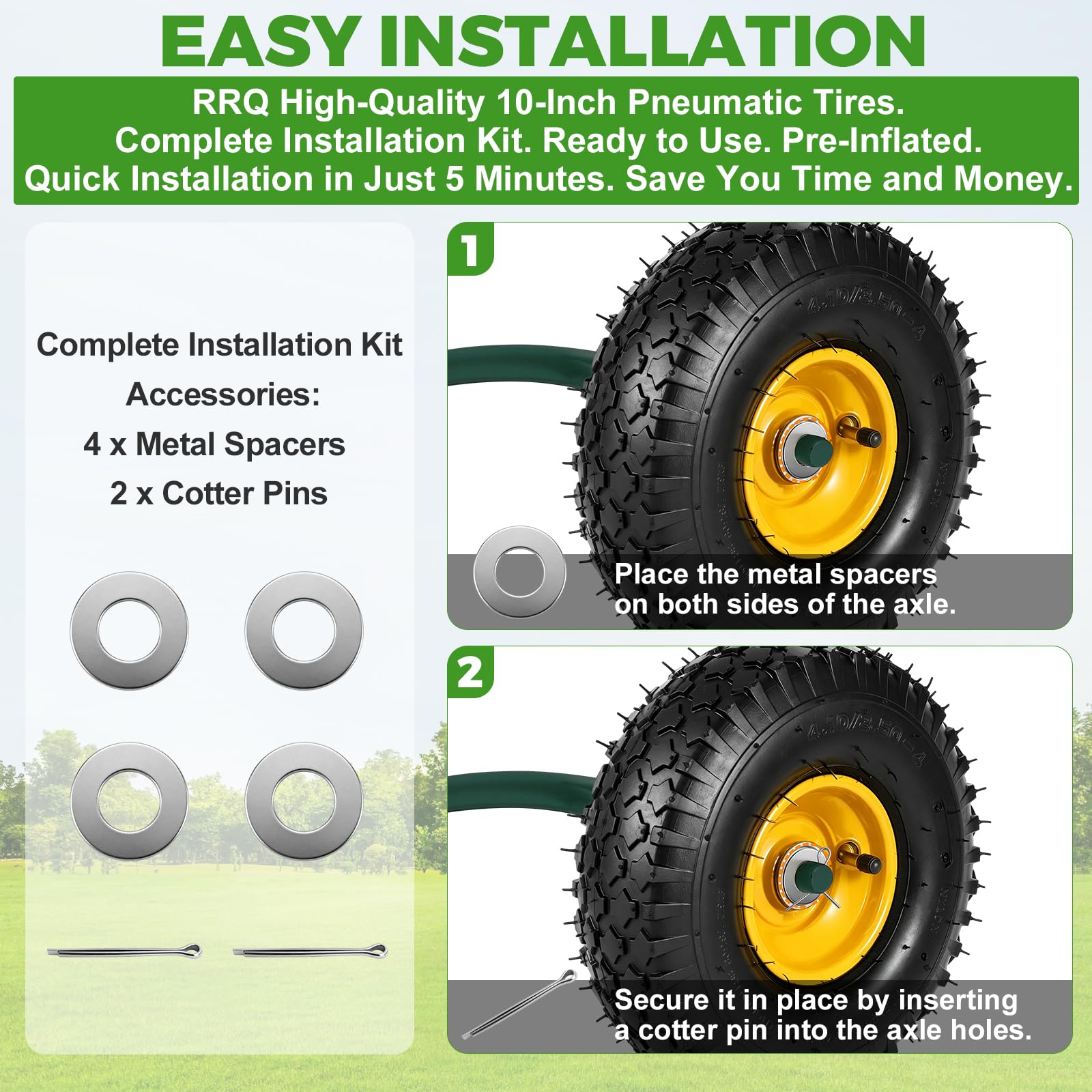RRQ (2 Pack) 10" Pneumatic Tires, 4.10/3.50-4" Tire and Wheel (Yellow) — Amazon image 6