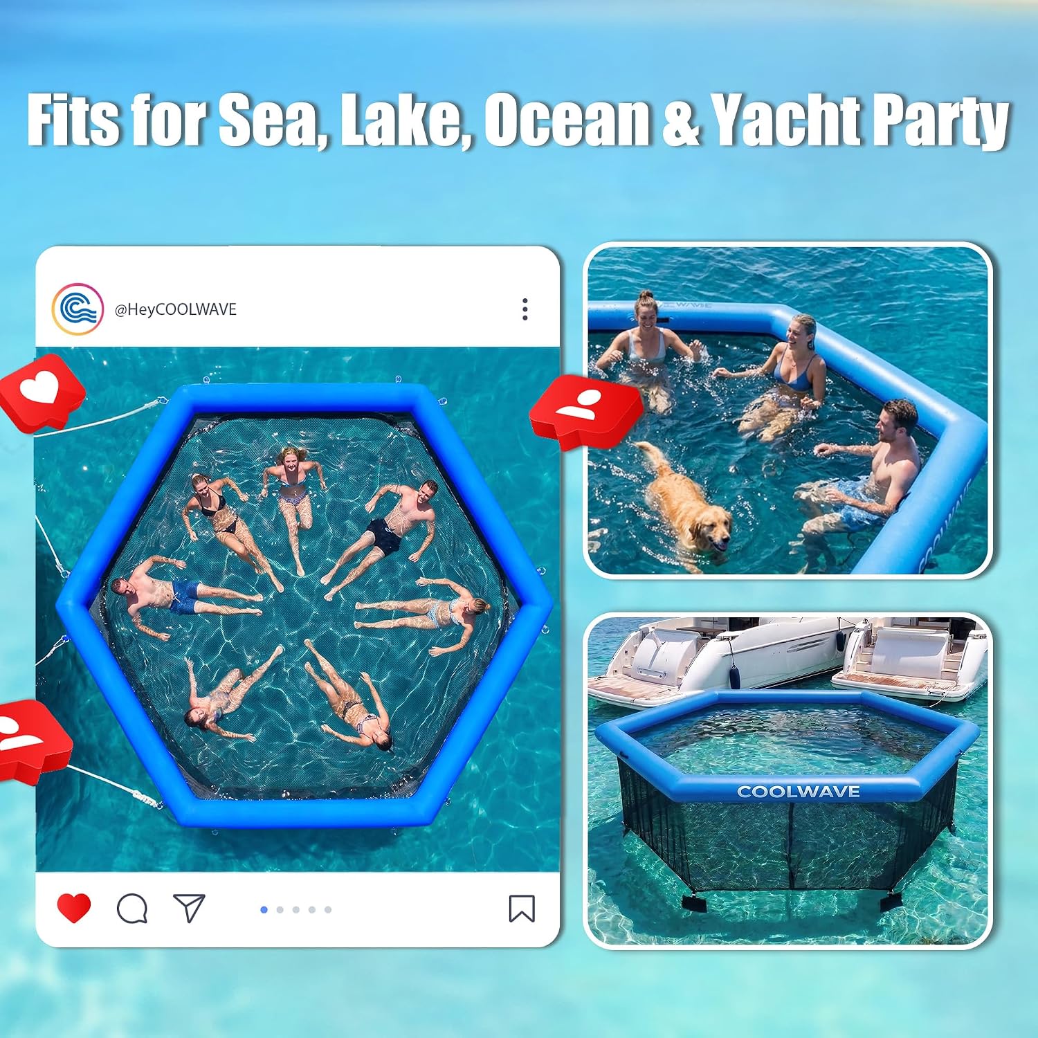 COOLWAVE 15FT Hexagon Inflatable Sea Pool with Safety Net Jellyfish Proof