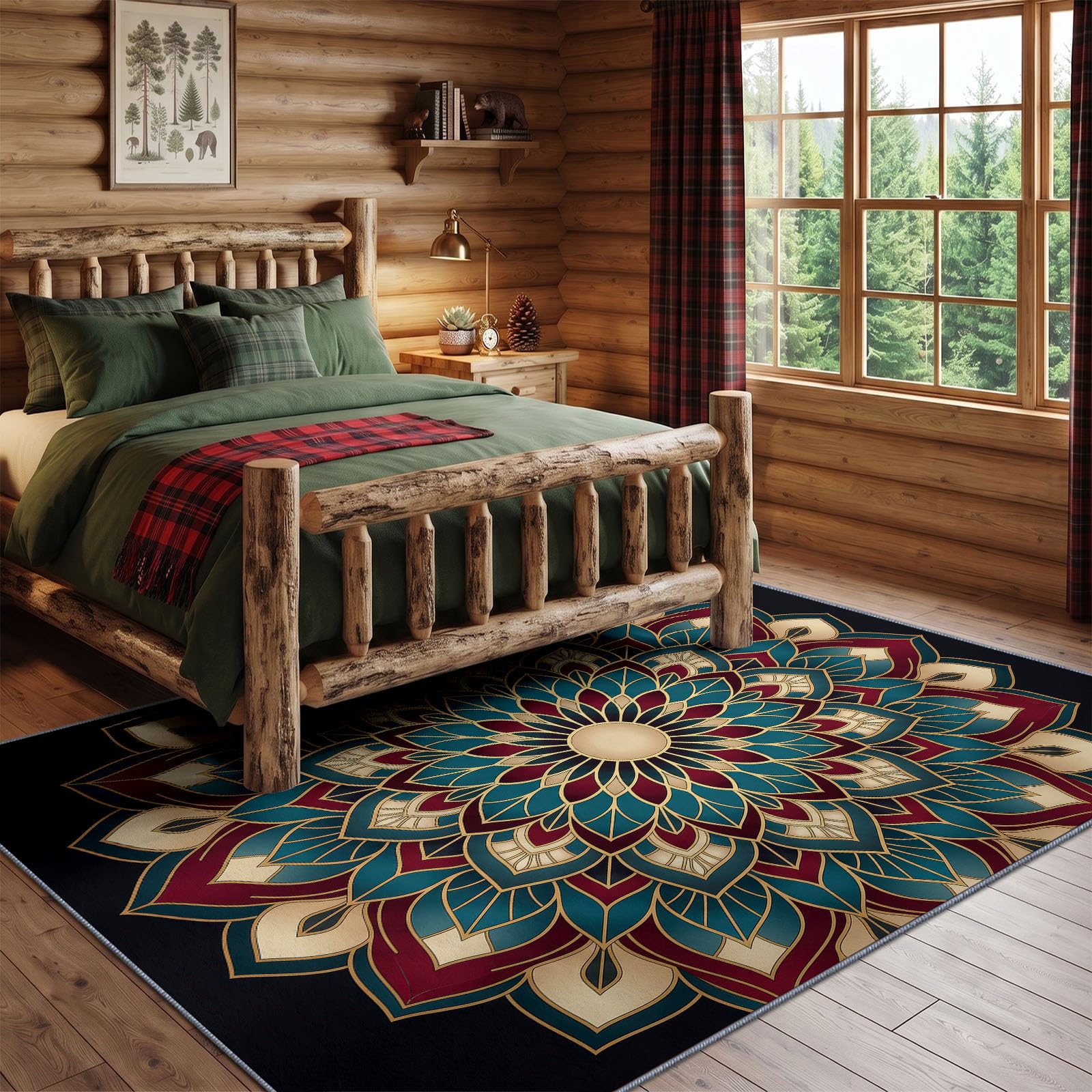 Générique Bohème Tapis de Salon Lavable en Machine 90 x 120 cm, Tapise antidérapant, Tapis de Chambre Style Luxe Fleurs Mandala pour Le Salon, l'entrée, la Chambre et la Cuisine, Noir
