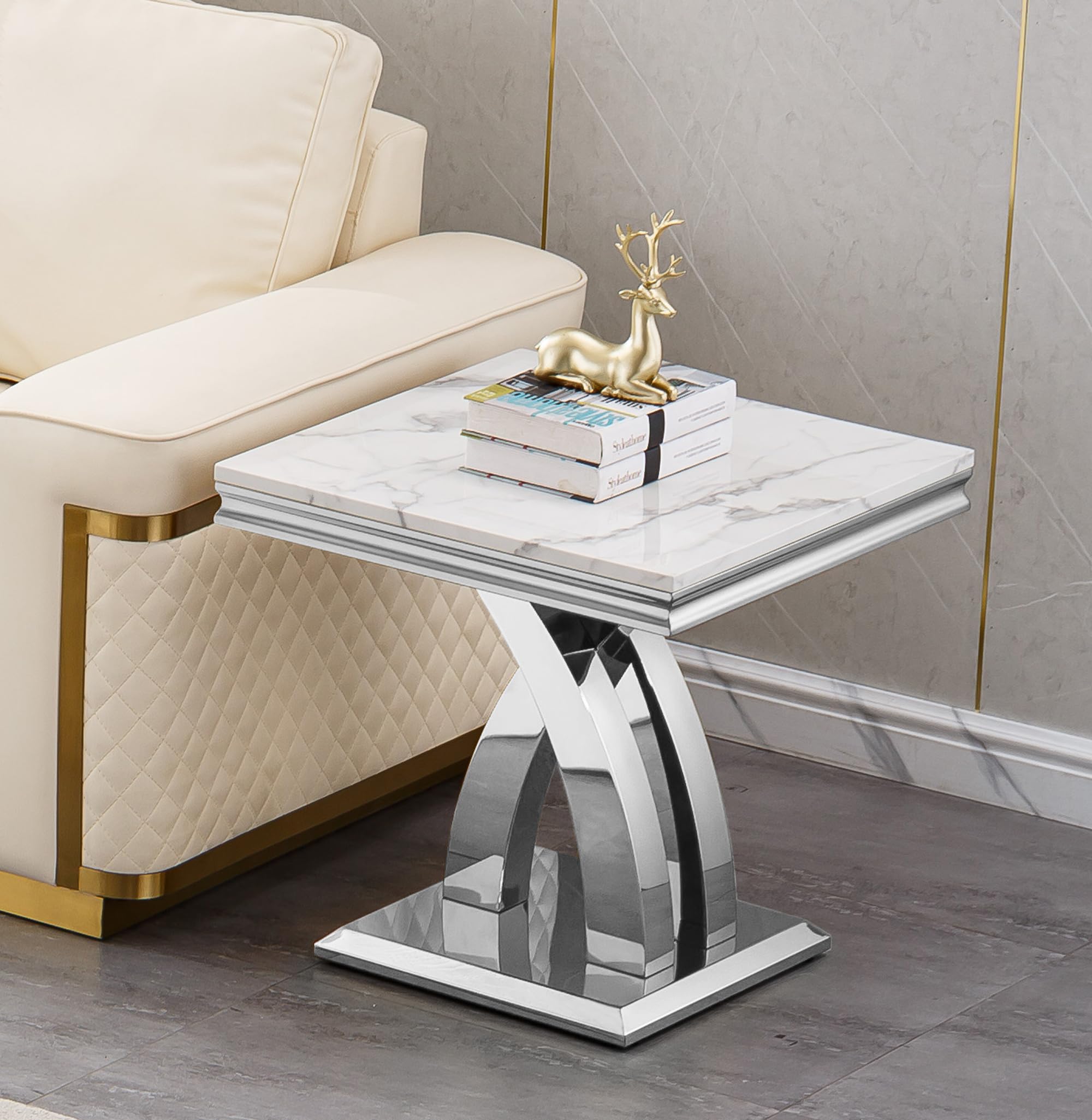 SSLine Modern White Faux Marble End Table Luxury Square Sofa Side Table with Silver Pedestal Base Mid-Century Elegant Bedside Table w/Mirrored