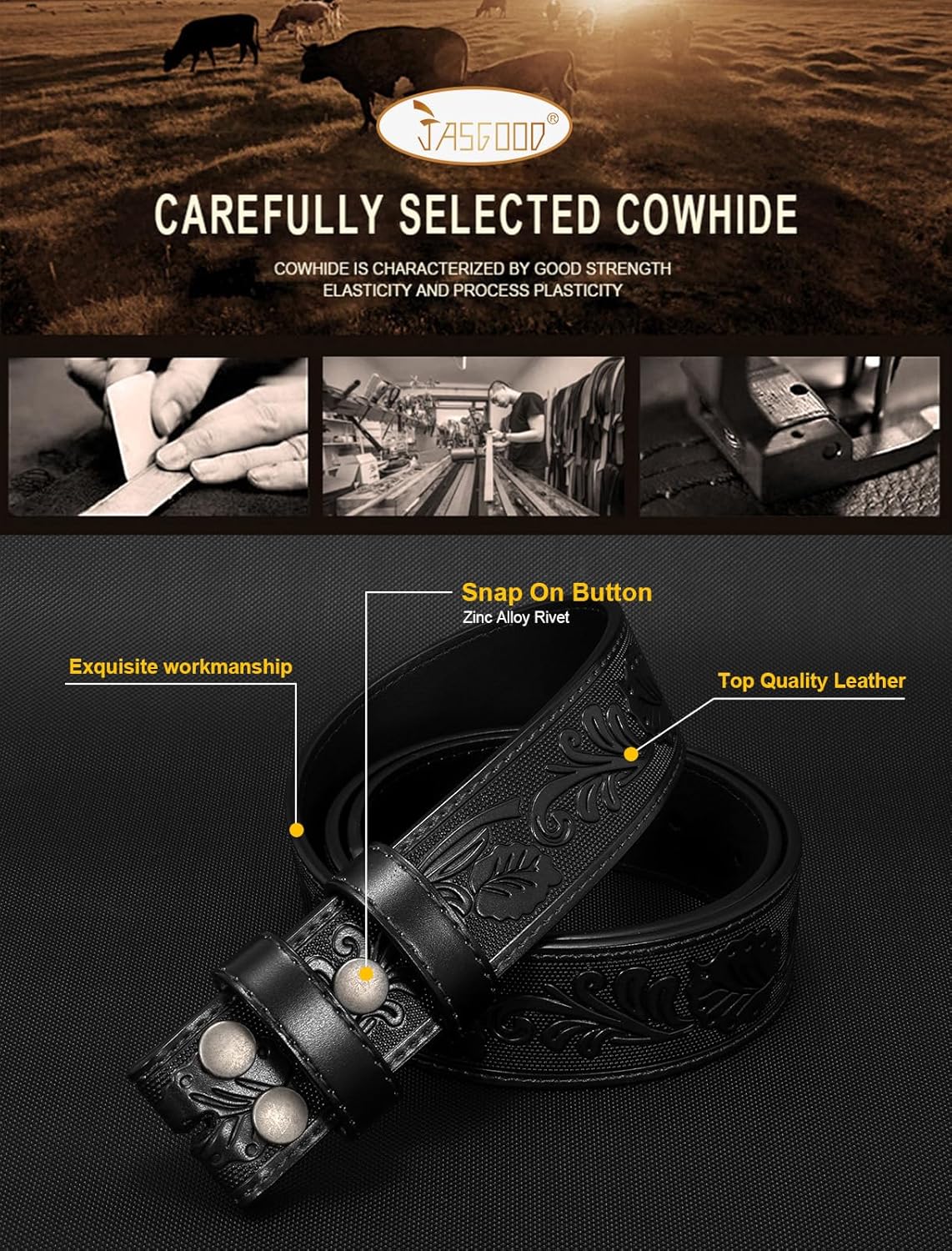 JASGOOD Mens Western Leather Belt Strap Without Buckle 1.5" Vintage Replacement Cowboy Leather Belt Strap with Snap on Buckle - Image 4