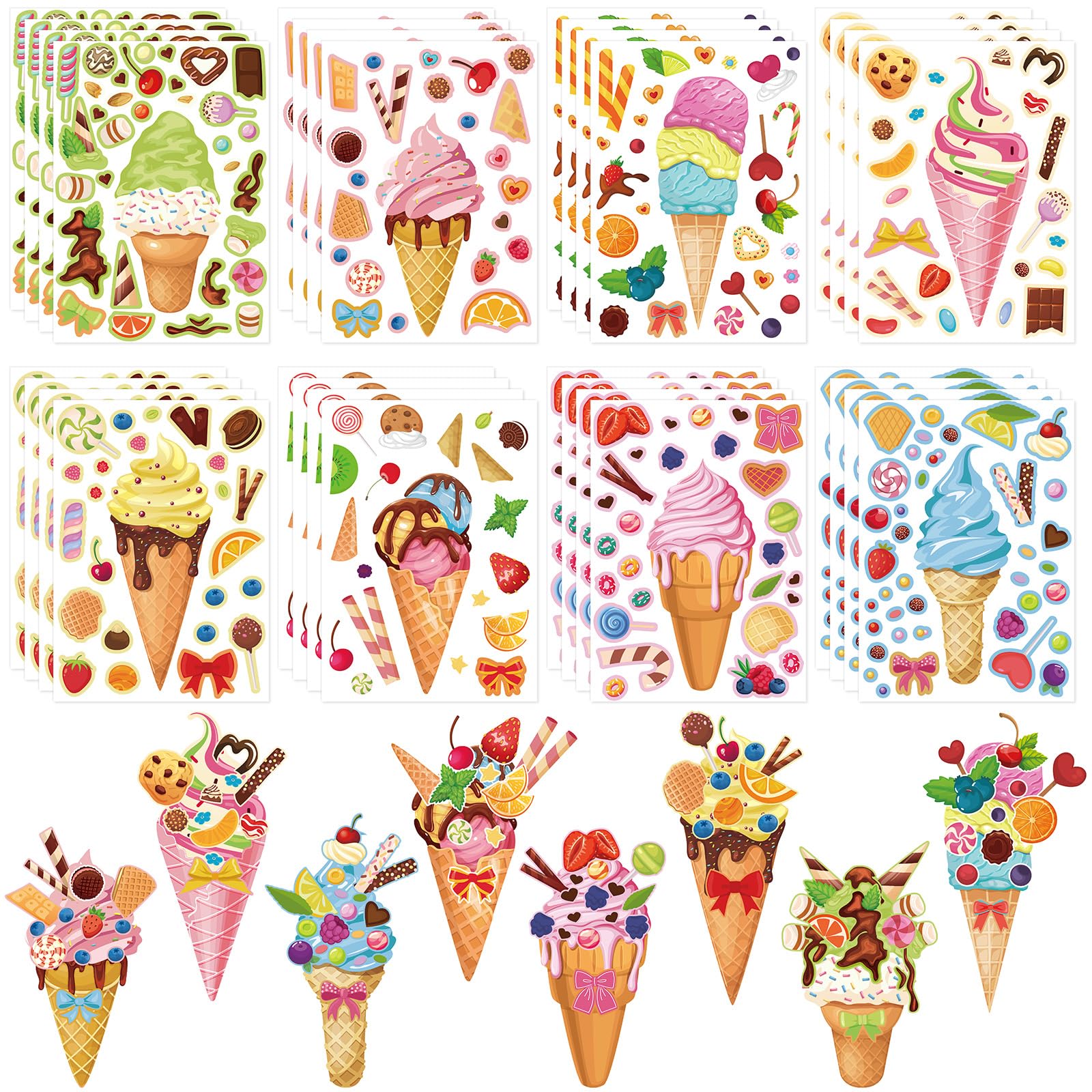 32 Sheets Make Your Own Ice Cream Stickers, Make a Face Stickers for Kids Ice Cream Birthday Party Favors, DIY Art Crafts Supplies