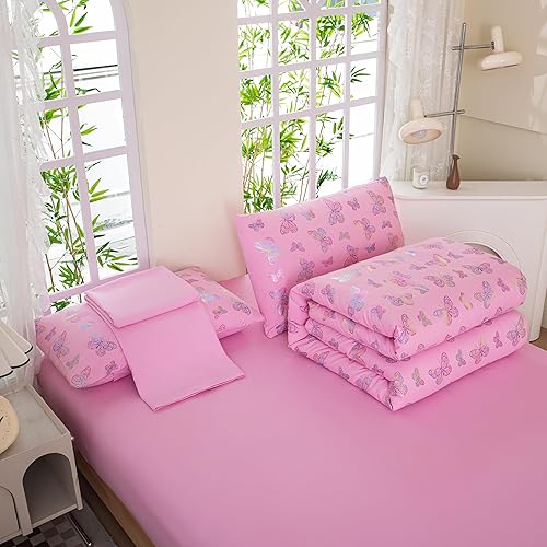 Miniatura 10 de Yadangxiawa Juego de edredón de sirsaca rosa de 5 piezas para cama individual en una bolsa, edredón ligero de microfibra para todas las estaciones,