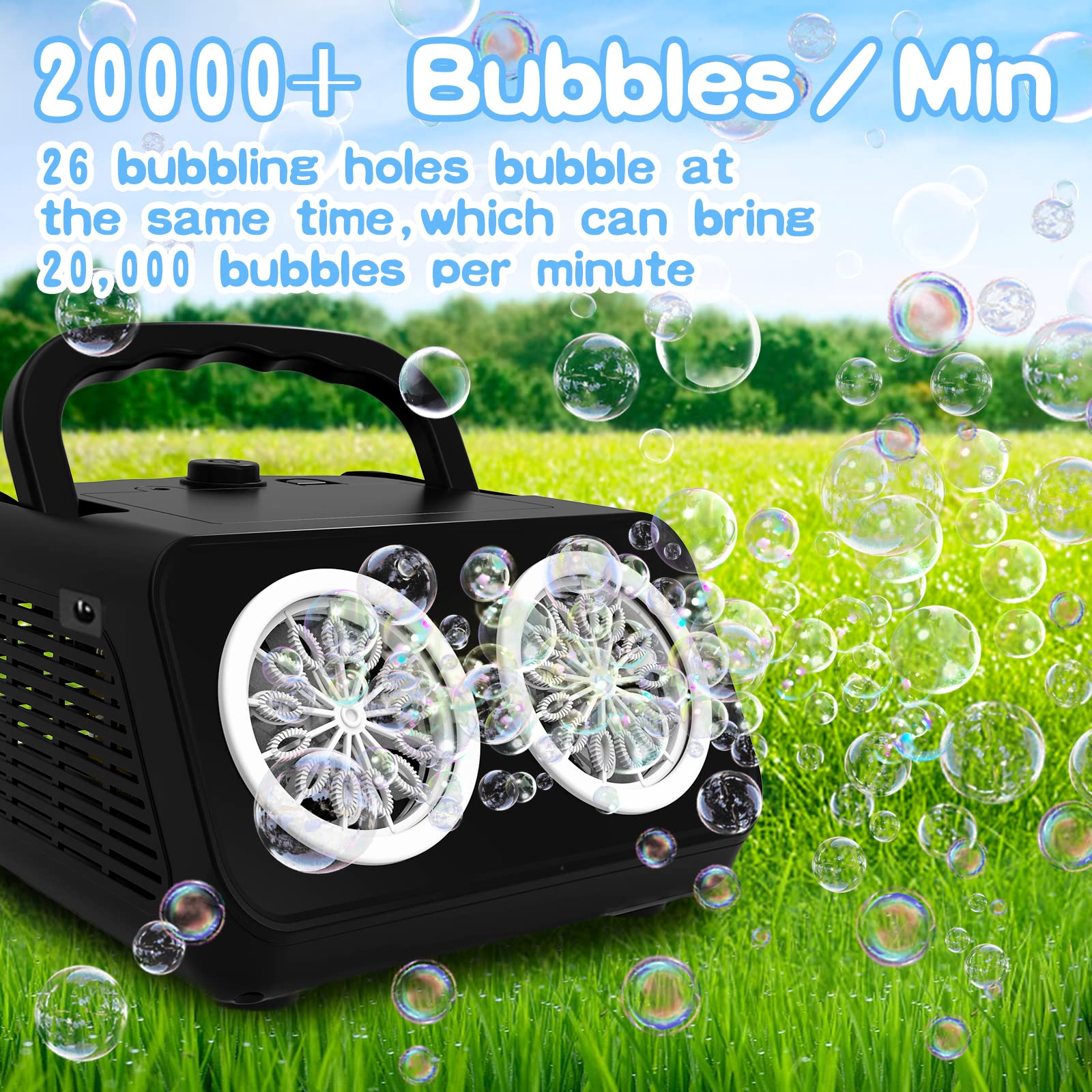 PANACARE 2.0 Máquina automática de pompas de jabón, portátil Bubble Machine 20000+ burbujas/min con agua de burbujas, 26 agujeros, regalo para niños, bodas, cumpleaños, escenarios, fiestas (negro 553)