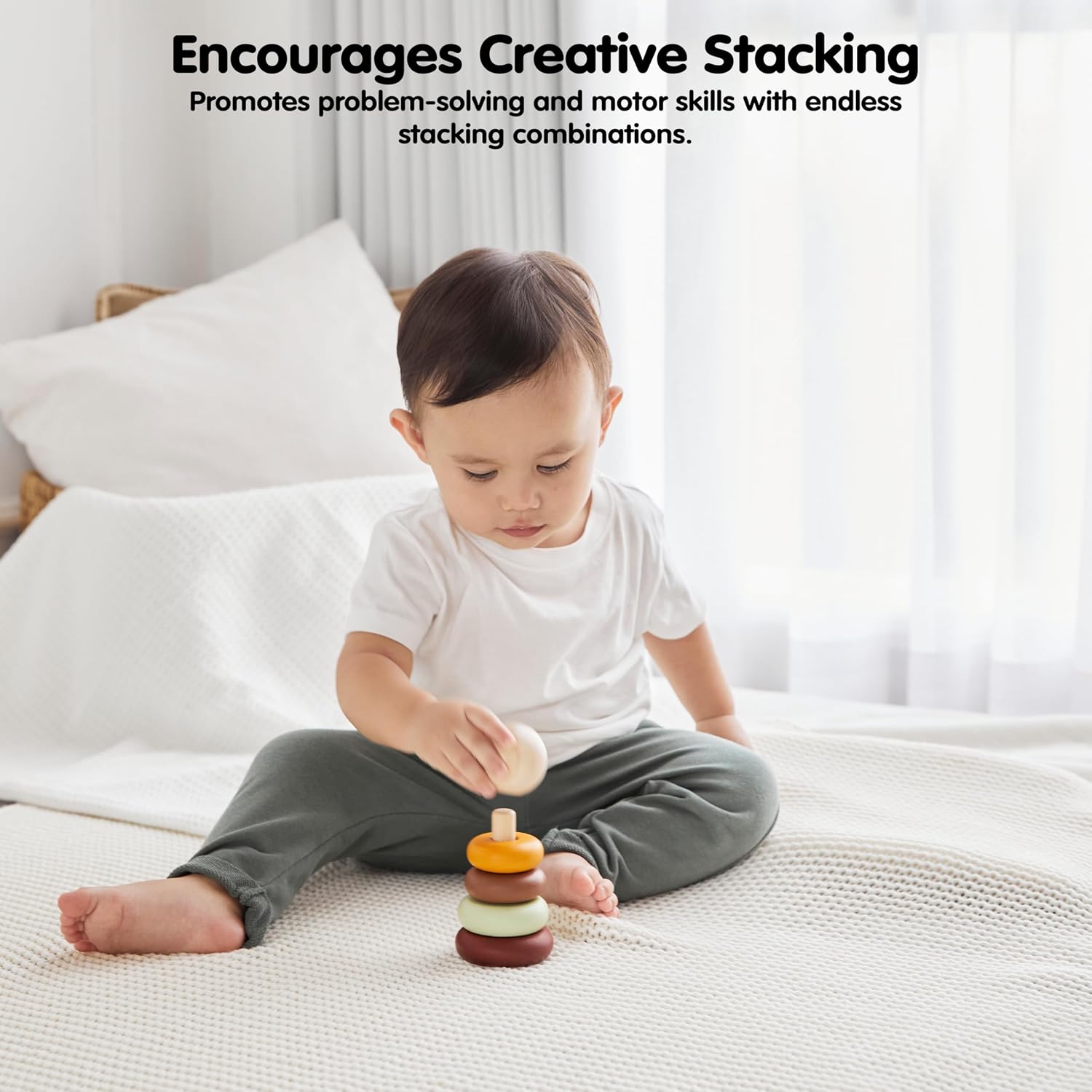 PlanToys® My First Stacking Toy Wooden Rings in Modern Rustic Shades | Montessori Fine-Motor Development Toy for Focus, Coordination & Early Learning | Eco-Friendly Educational Toy