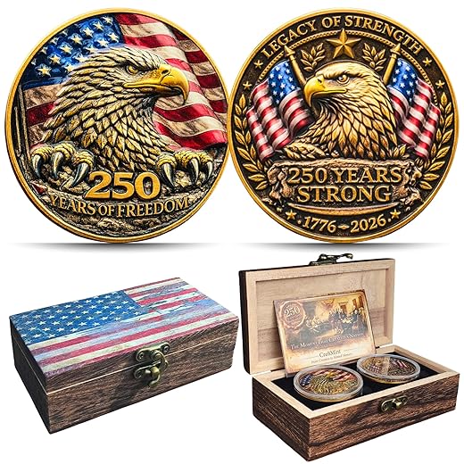 250th Anniversary USA Commemorative Coin Set with Wooden Gift Box, Patriotic Eagle & Liberty Bell Coins, 1776–2026 Freedom Keepsake, Veteran Gift, 250 Anniversary America Merchandise
