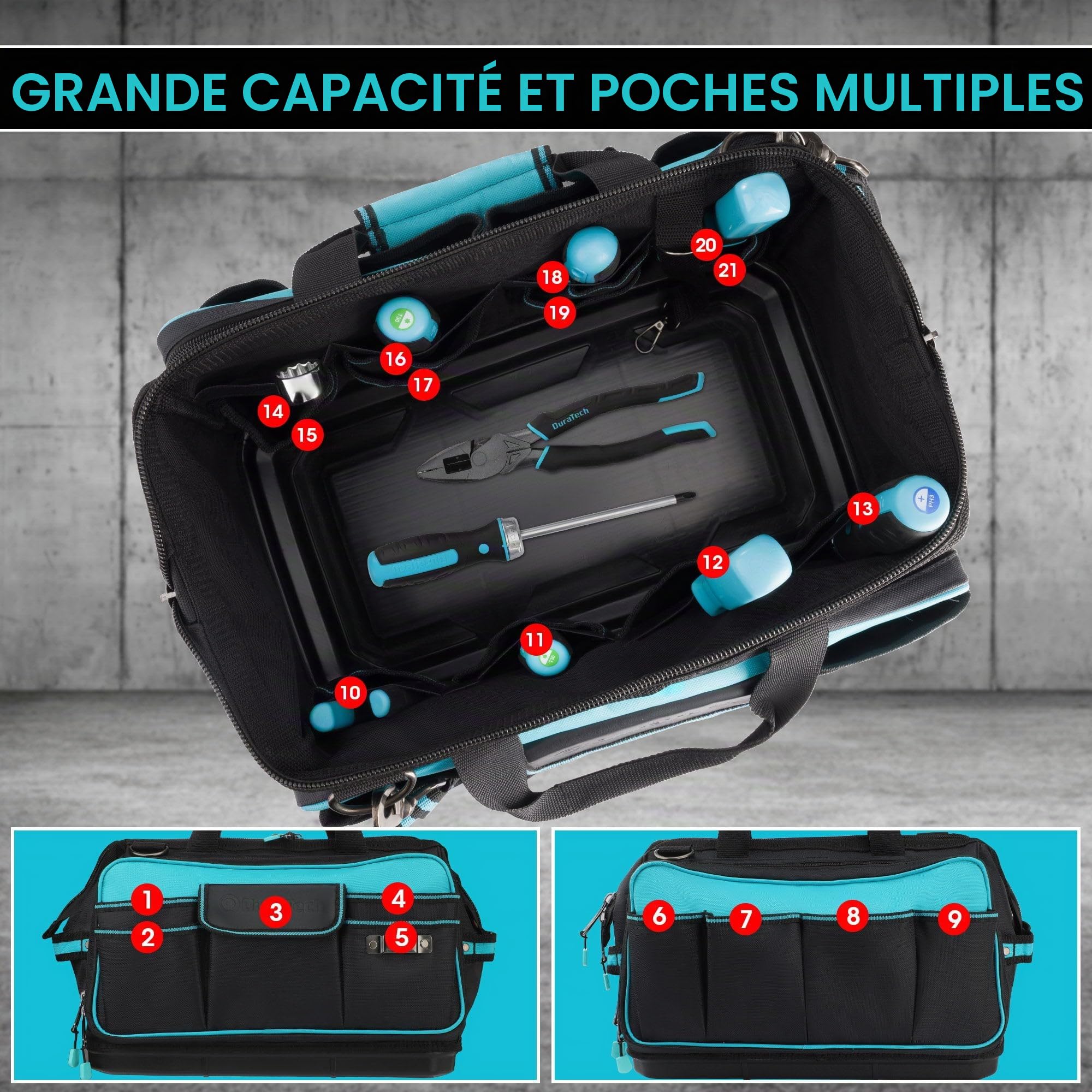 DURATECH Sac à Outils 43CM avec Ouverture Large | Grand Sacoche à Outils en Tissu Oxford 840D avec 32 Poches, Fond Moulée Etanche, Bandoulière Réglable, et Conception à Clip
