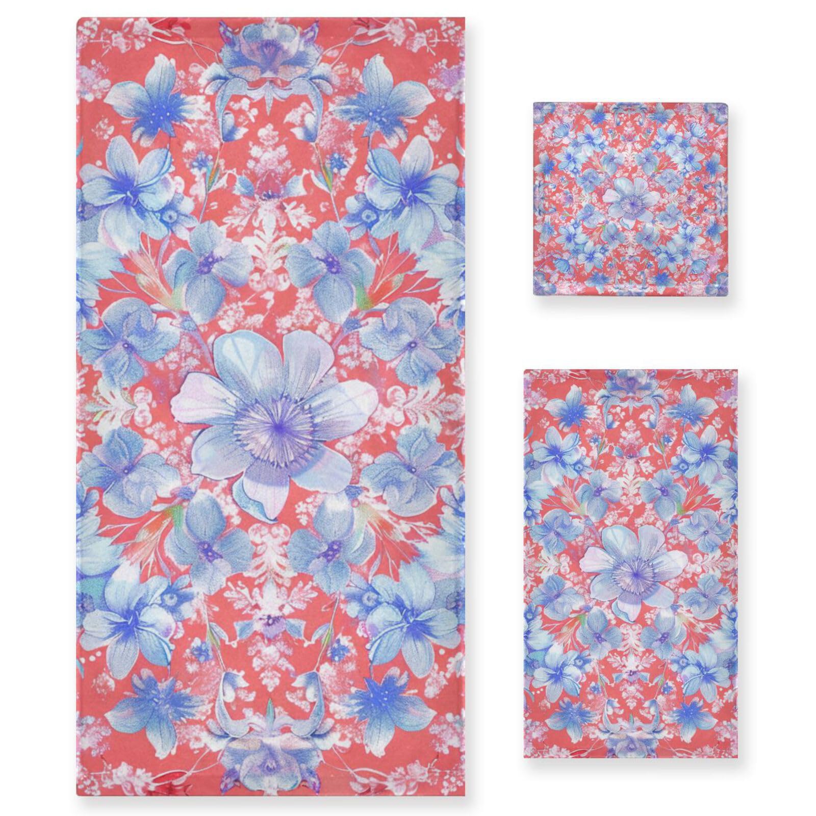 Set di 3 asciugamani da viso in stile bohémien, motivo floreale, rosso e blu, ad asciugatura rapida, 1 asciugamano da bagno, 1 asciugamano per le mani, 1 panno per yoga, bagno e cucina