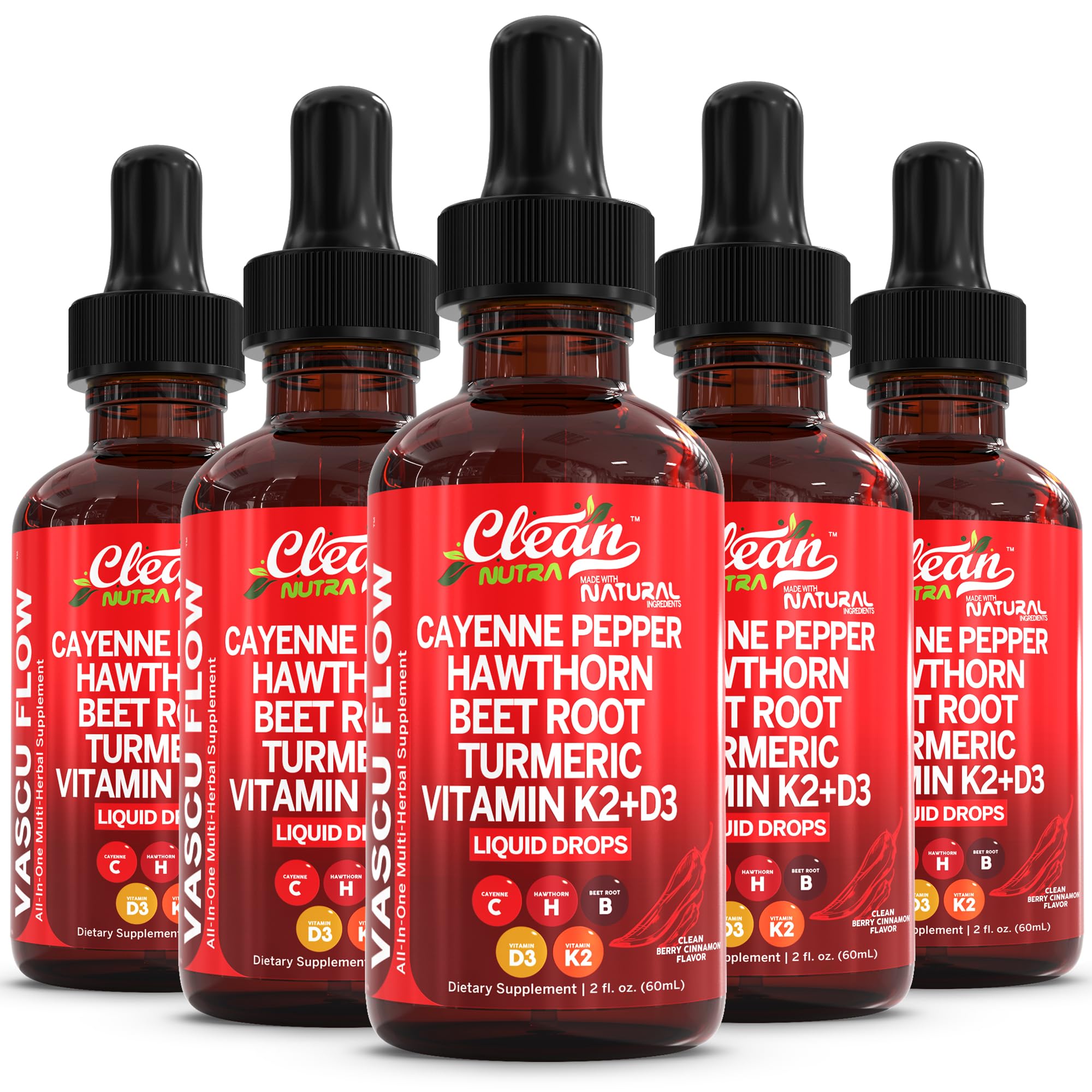 Clean Nutra Cayenne Pepper Drops Supplement Liquid + Hawthorn Berry, Vitamin D3 K2 Beet Root Powder, Ceylon Cinnamon, Turmeric Curcumin, Organic Panax Ginseng, Berberine Extract Organic (5)