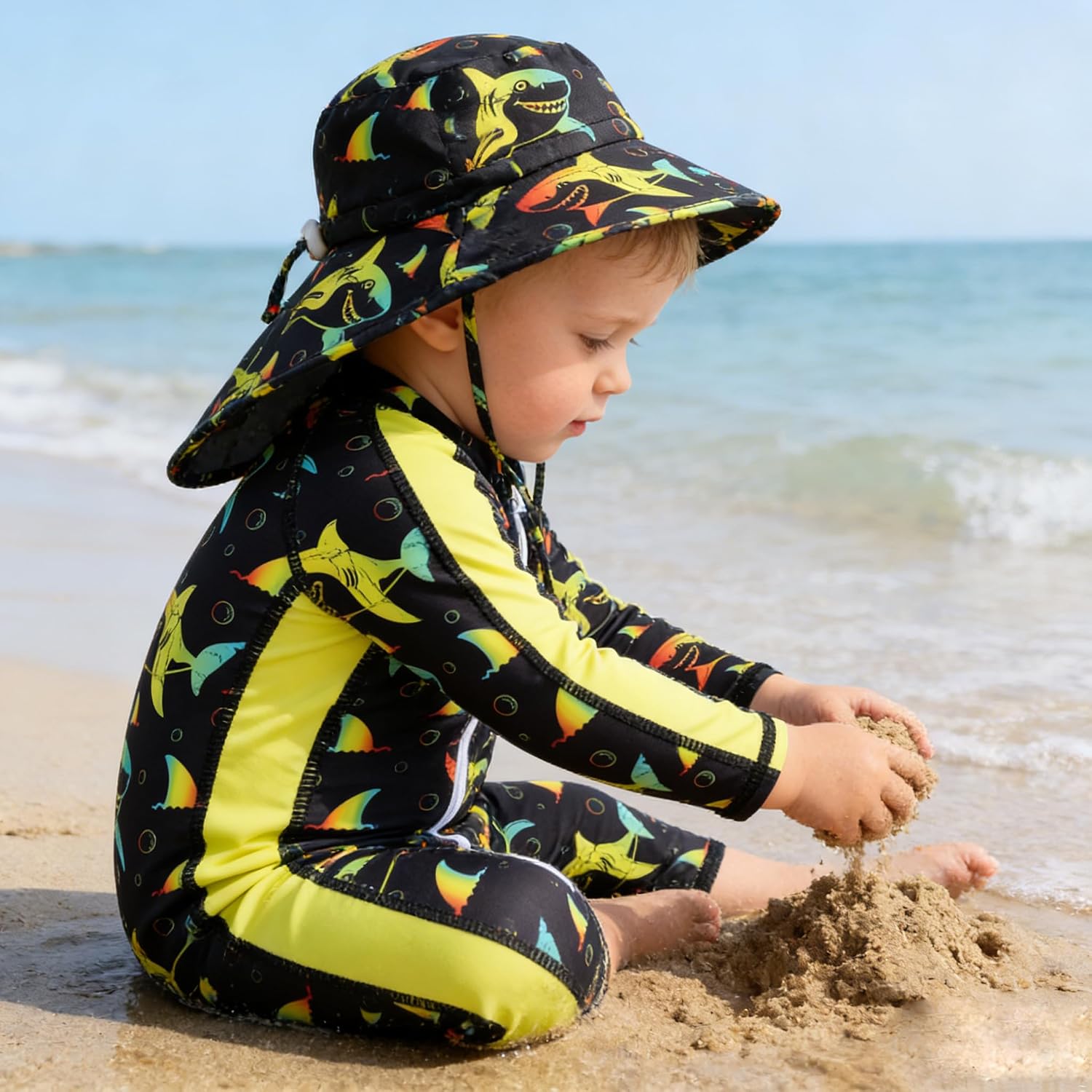 Funnycokid Baby Swimsuit Boy UPF50+ Zipper Infant Bathing Suits One Piece Rash Guard Swimwear with Hat