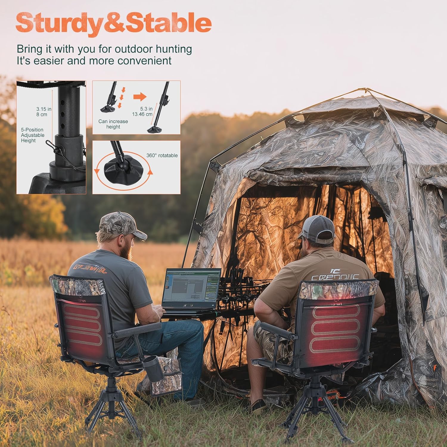 Nice C Heated Swivel Hunting Blind Chair, 360 Degree Silent Swivel Chair with Battery, Turkey Chairs, Strutter Chairs, 4 Legs Height Adjustable, Power Bank Included, Portable Ground Camping