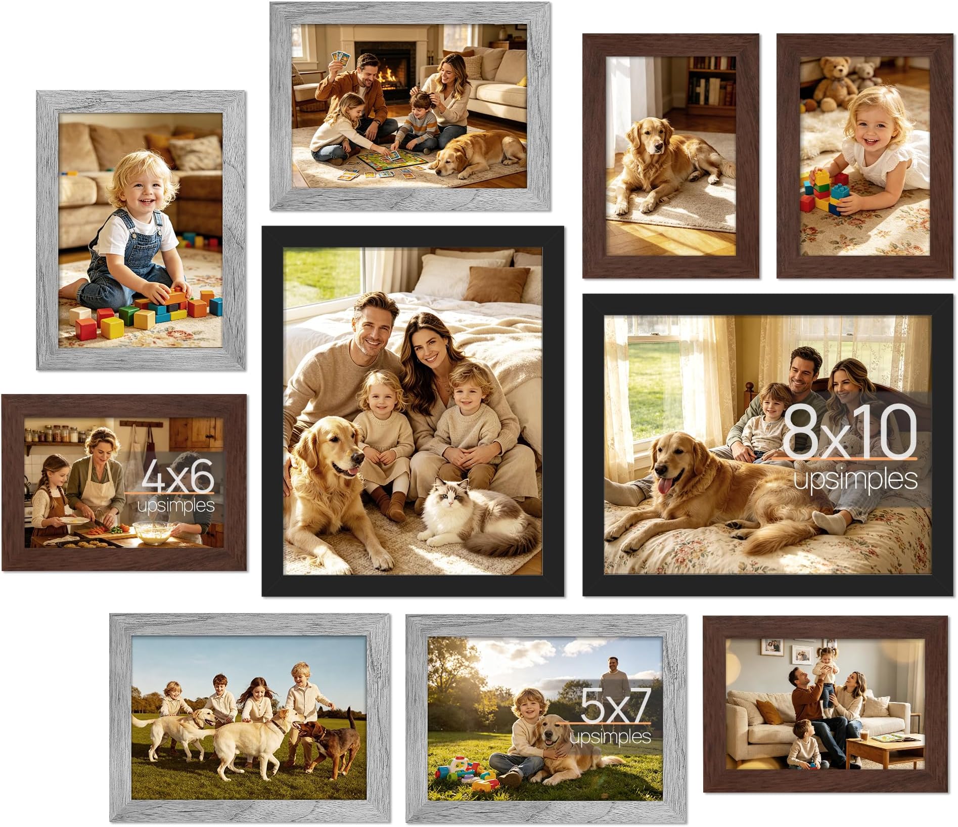 upsimples 10 Pack Picture Frames Collage Wall Decor for Mounting or Tabletop Display, Photo Gallery Frame Set for Family, Multi Sizes Including 8x10, 5x7, 4x6, Black Gray Brown