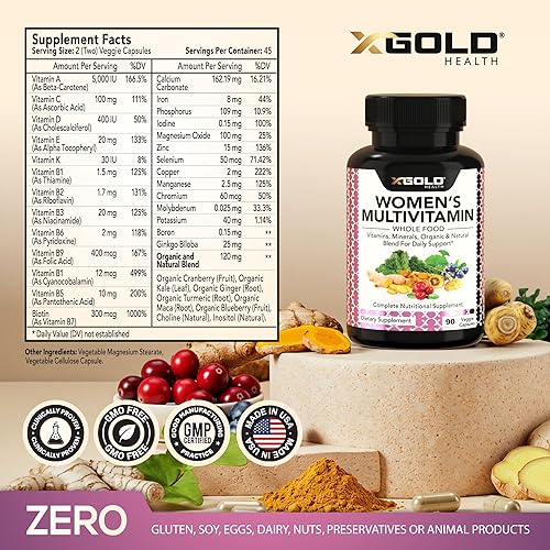 Miniatura 2 de Multivitamínico diario vegano para mujer 50 Plus con ingredientes naturales orgánicos a base de alimentos integrales, jengibre, maca, complejo