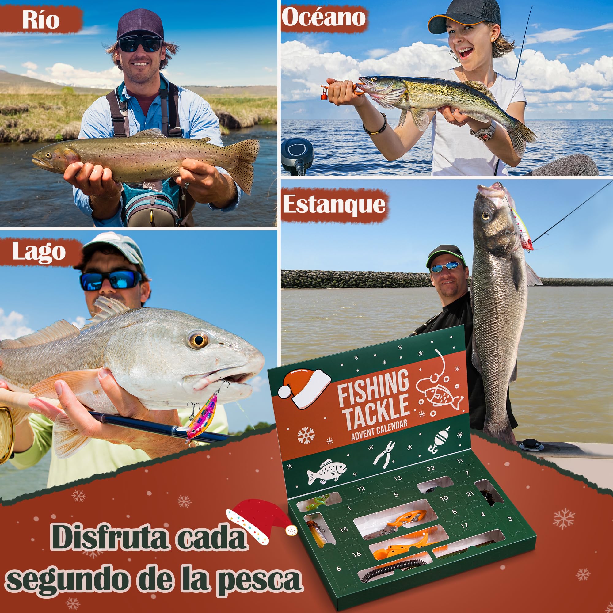 Calendario de Adviento Pesca 2025 con Herramientas 77 Piezas Señuelos para Hombre