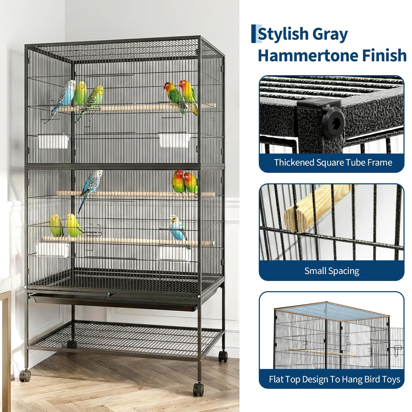 Garvee - Jaula grande para pájaros (155 cm, con soportes de almacenamiento, comederos incluidos, doble piso, ideal para periquitos