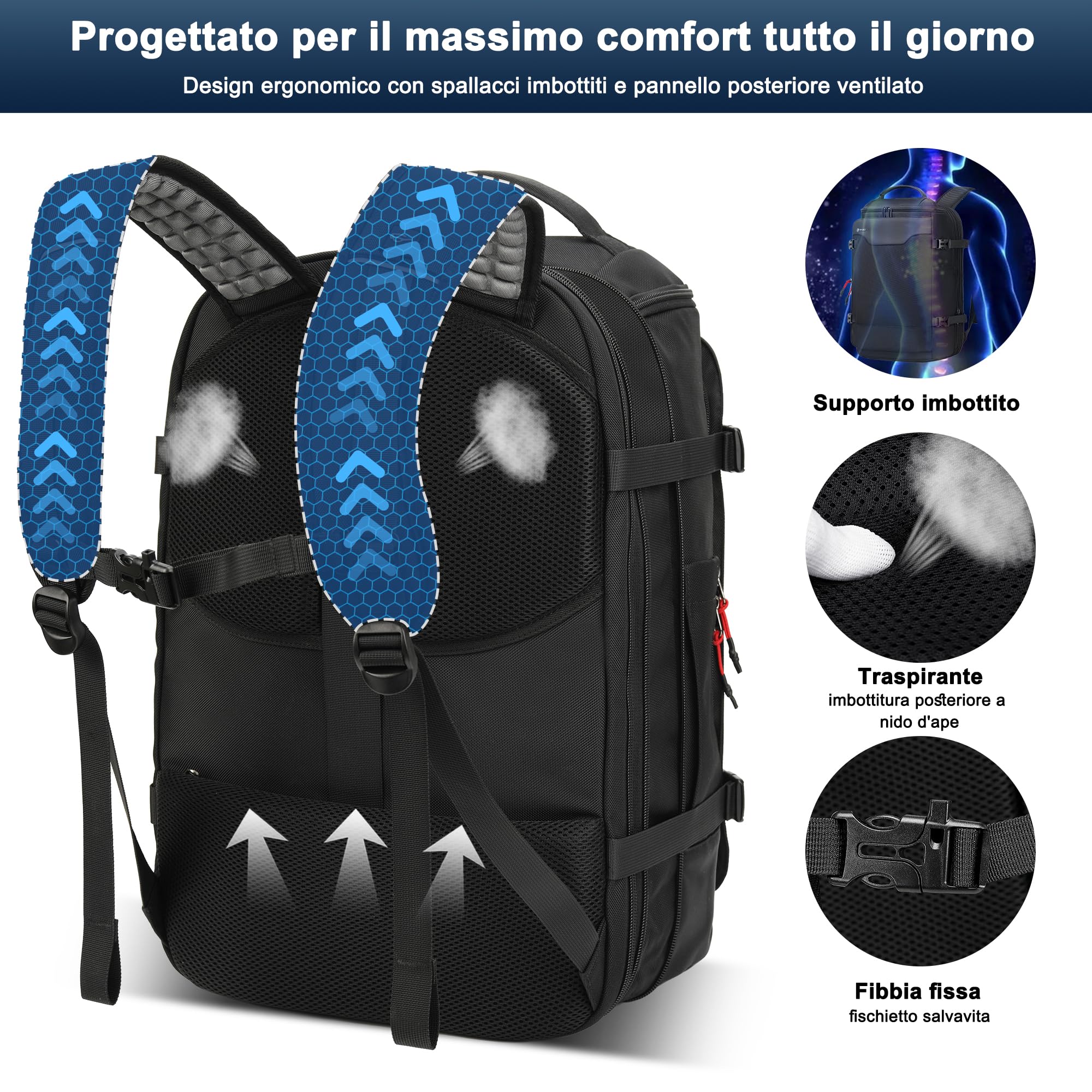 Zaino Sottovuoto Viaggio, Zaino da viaggio a mano per aereo, Zaino per laptop da 17 pollici, 60L Scalabile con Sistema di Compressione per Donne e Uomini