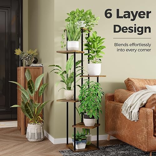 Miniatura 4 de Bamworld Soporte alto para plantas de interior de 6 niveles para múltiples plantas, estante de esquina para patio, jardín, balcón, sala de estar,
