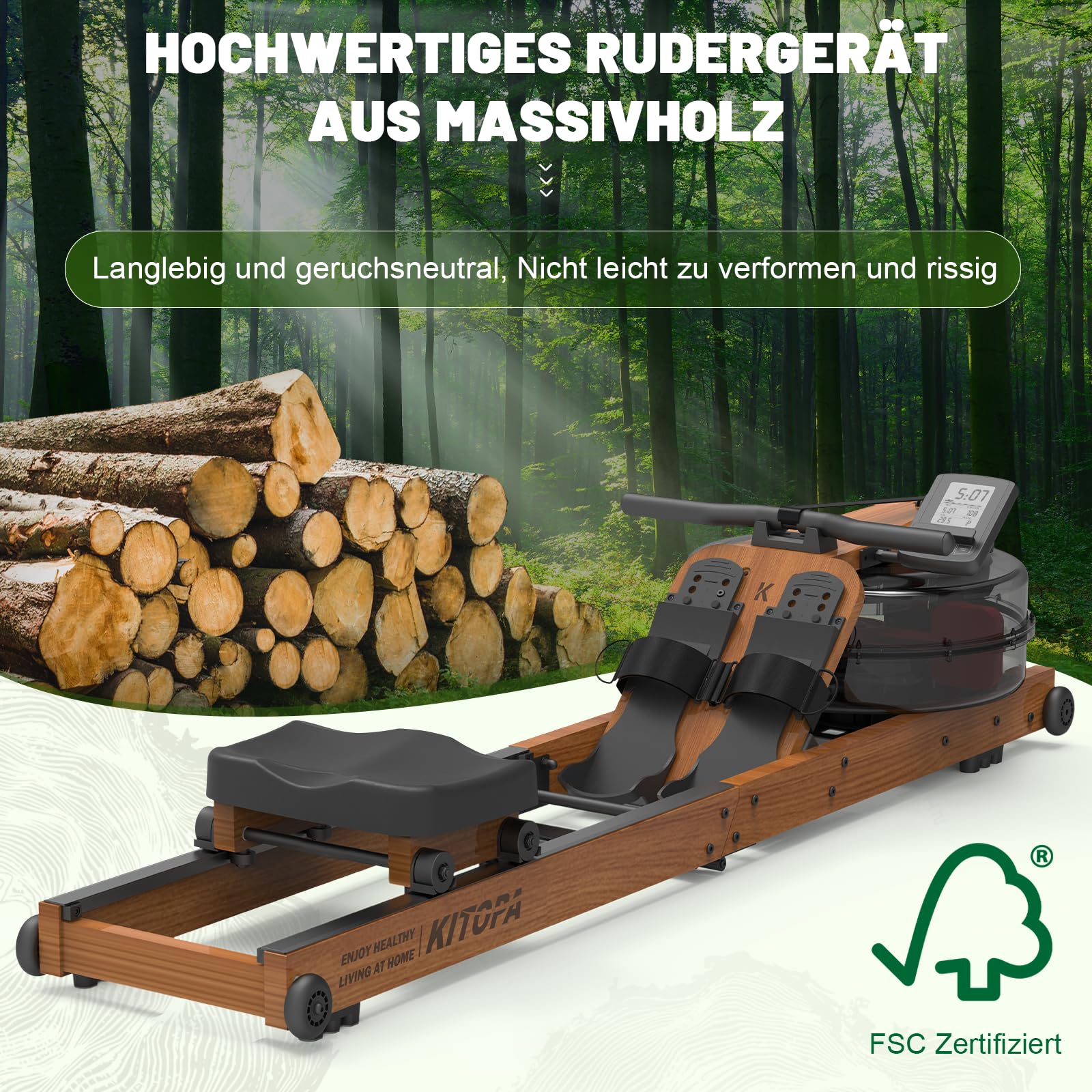 Kitopa Wasser Rudergerät Holz, Rudergerät für Zuhause klappbar mit 30 Tage Kinomap Mitgliedschaft, Max Benutzerhöhe 2m/160kg, Rudergeräte Wasser mit Bluetooth Display & Verstellbarer Handy-Halter