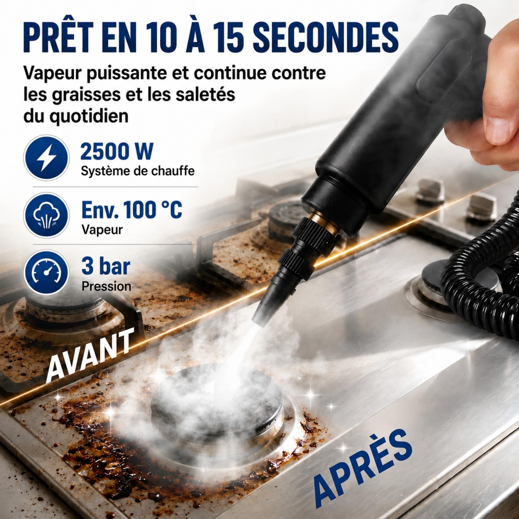 Nettoyeur Vapeur Haute Pression 2500W Portable, 3 Bar, Chauffage Rapide 15s