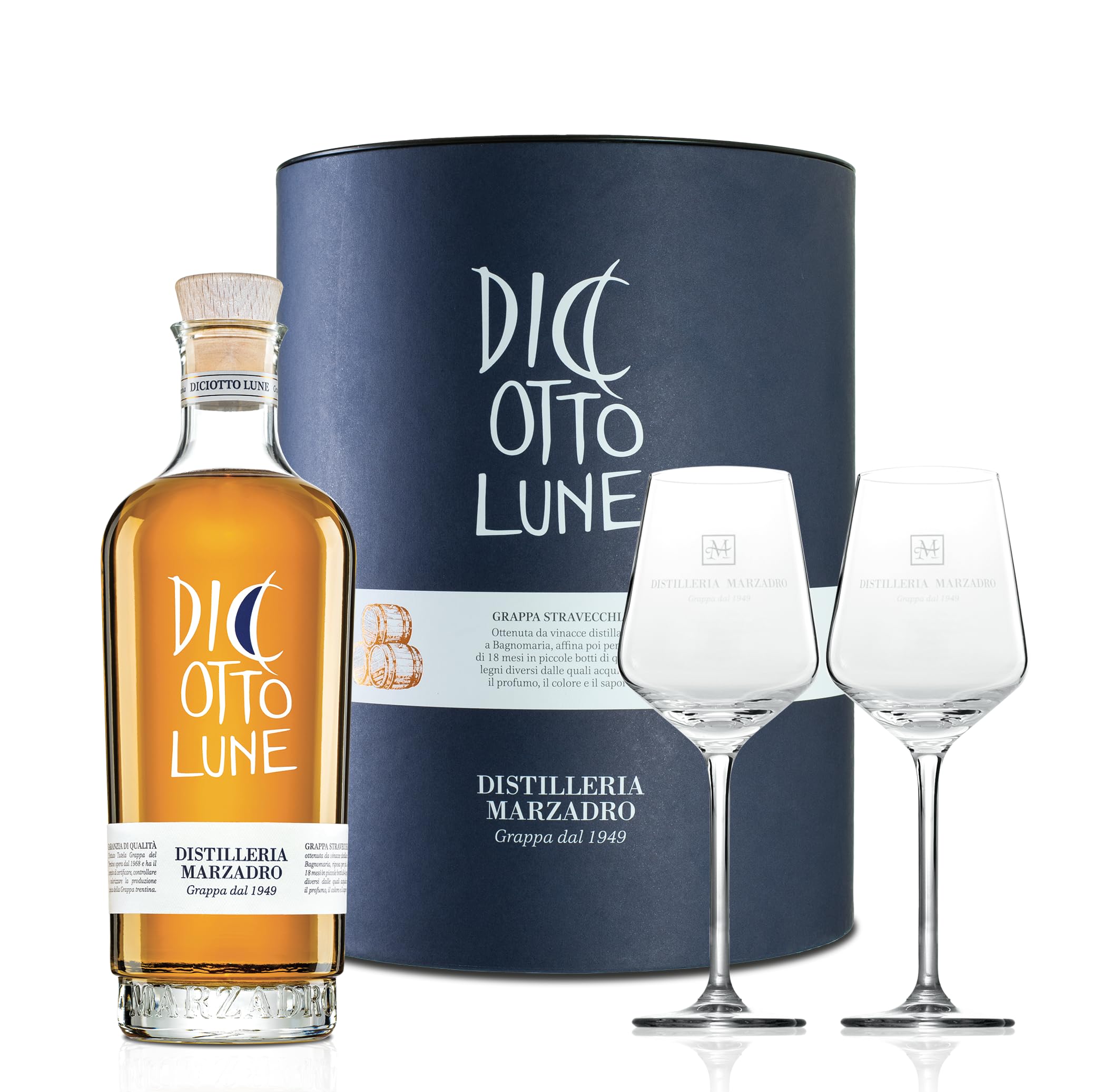 Marzadro Le Diciotto Lune – Exklusives Grappa-Geschenkset mit 2 Harmony Gläsern (1 x 0,5 l)
