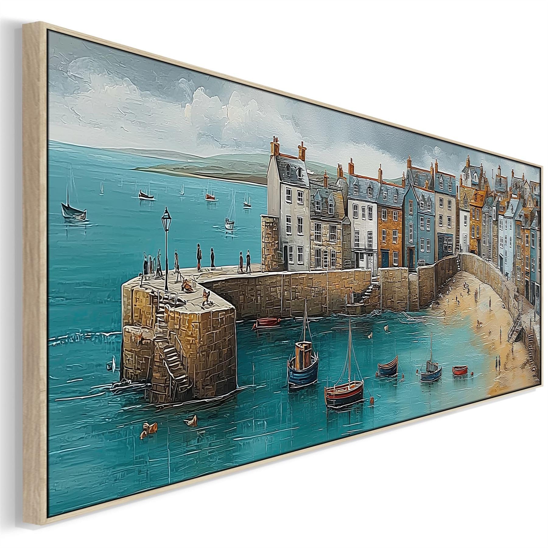 Wallfillers Coastal Cornwall Harbour Wide Framed Horizontal Wall Art in Blue (100 x 37cm)