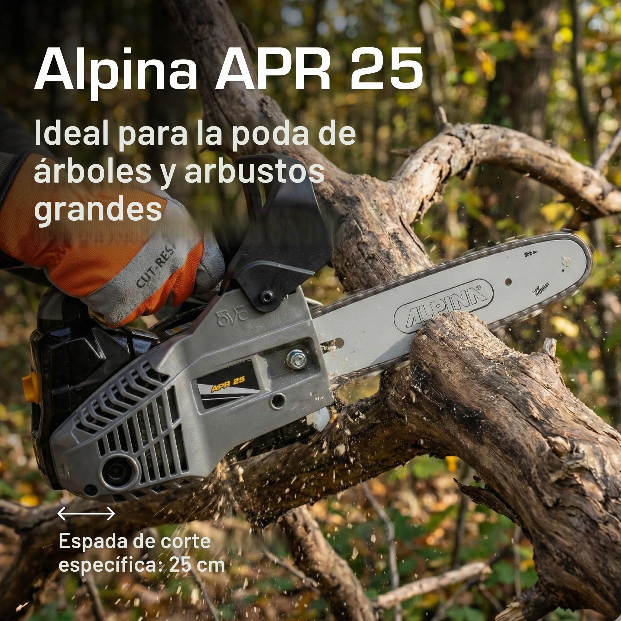 Alpina Motosierra de poda APR 25 (10)'', Para la corte de madera, Barra de corte 25 cm (10''), Motor de gasolina 25.4 cc, 900 W, Velocidad de la cadena 21 m/s, Bomba de aceite regulable