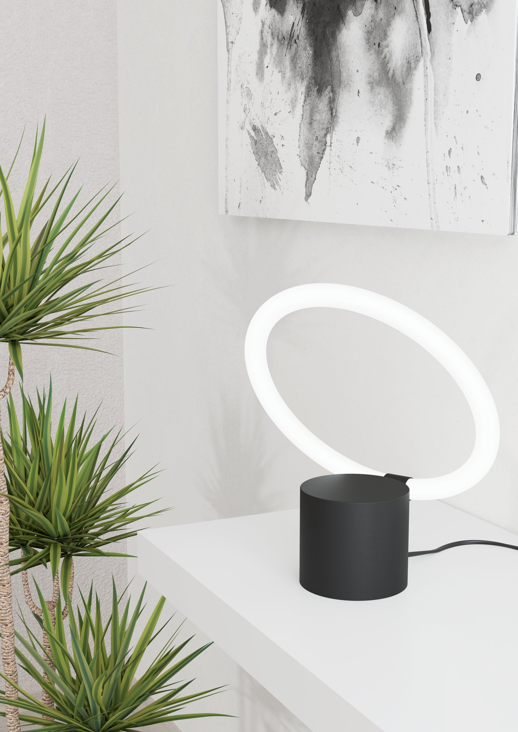 Eglo Bedside lamp Caranacoa with LED Ring, Minimalist Side Table Light Made of Black Metal and White Plastic - Image 3