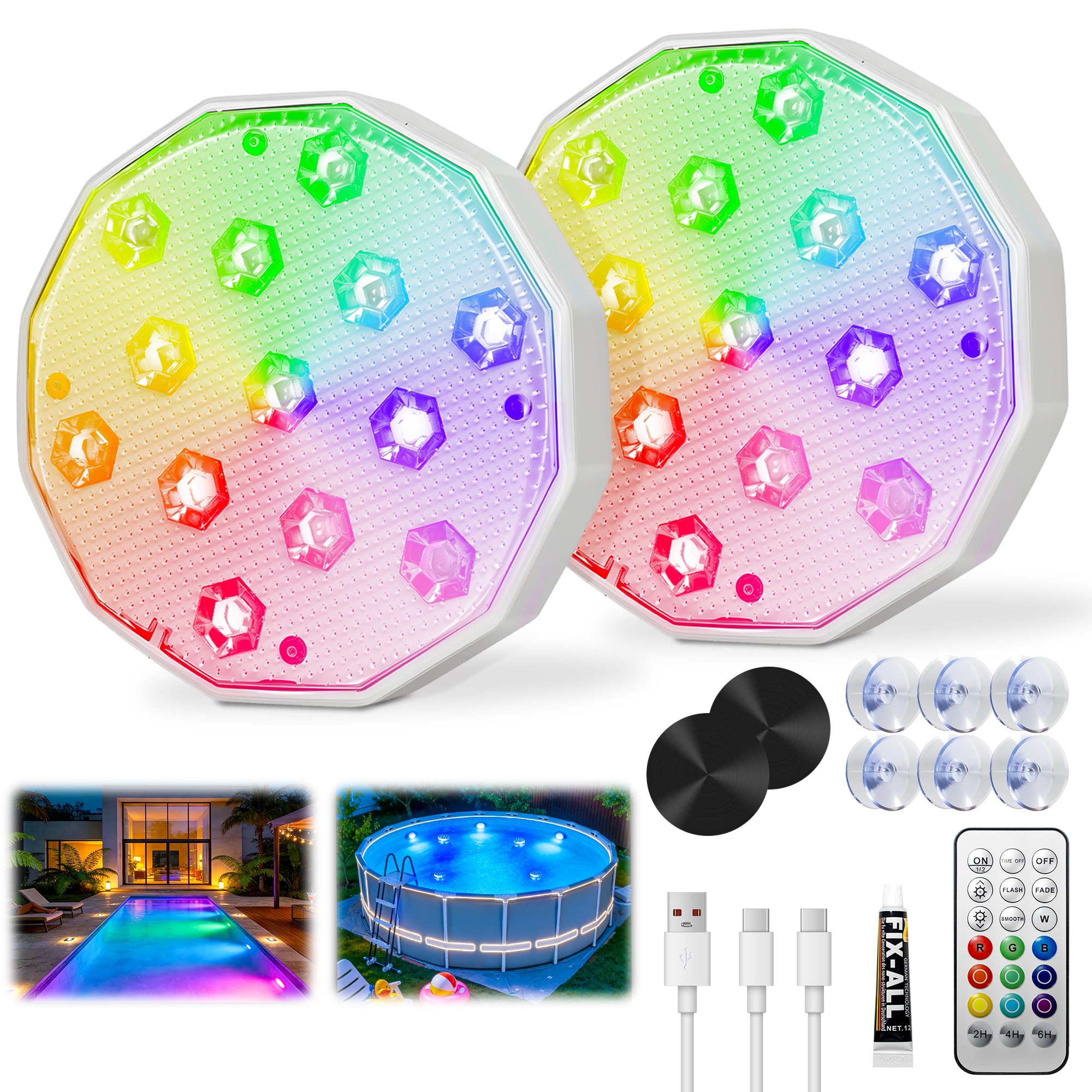 Ollny LED Poolbeleuchtung RGB Magnetic, Wiederaufladbar Unterwasser Pool Licht, Schwimmende Pool zubehör für Schwimmbad, Brunnen, Teich, Aquarium, Party Deko, 2 Stück