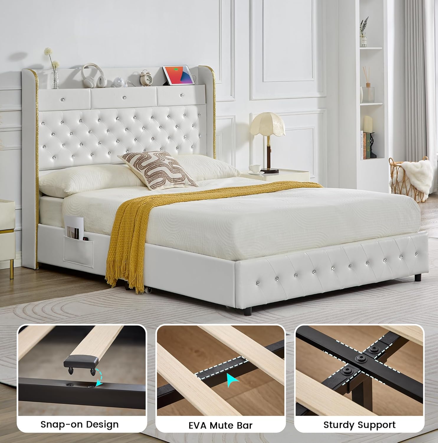 Torana Queen LED Bed Frame with 2 Drawers, 52" Tall Platform Beds with Galaxy Aurora Star Projector and Charging Station, PU Leather Upholstered Crystal Tufted Wingback Bedframe, White