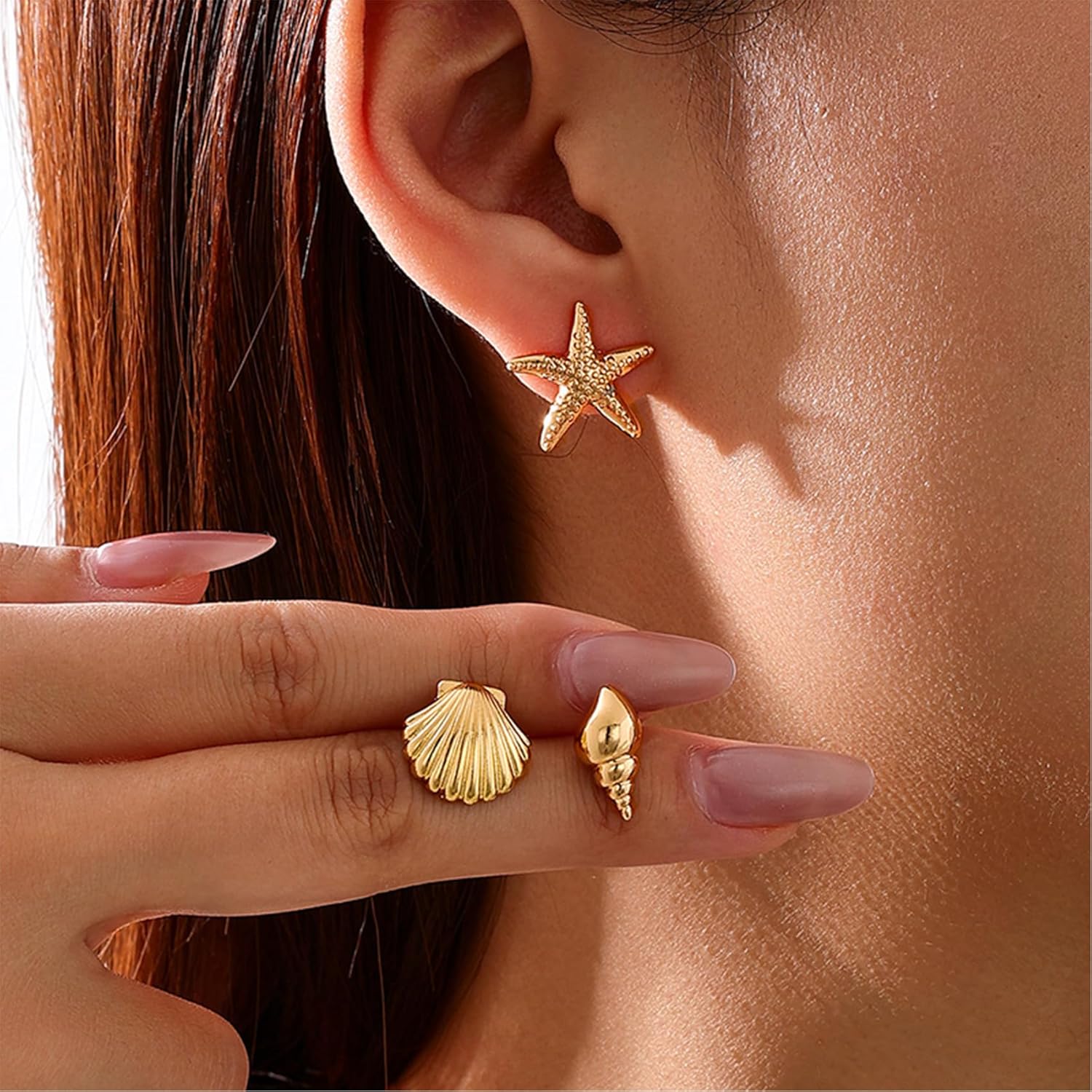3 Pairs Summer Beach Earrings for Women 14K Gold Shell Starfish Conch Ocean Earrings Bohemian Seashell Stud Earring Set Beachy Jewelry - Image 3