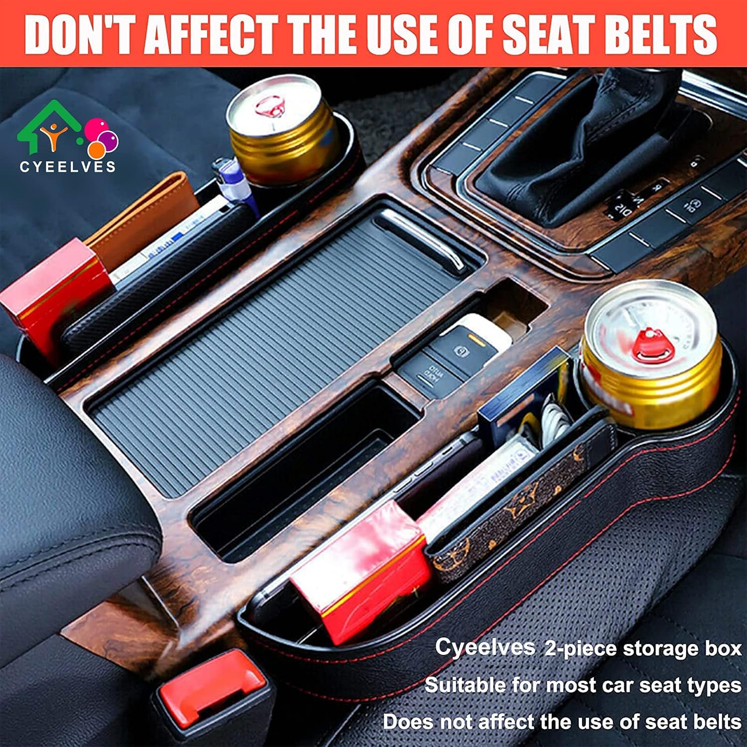 2 Set Car Seat Gap Organizer with Cup Holder 4 Hooks Trays, Car Seat Fillers Side Automotive Storage Coins Organizer Front Seat Box, Car Extra Storage for Car Phones Keys Cards Wallet,PU Leather Black