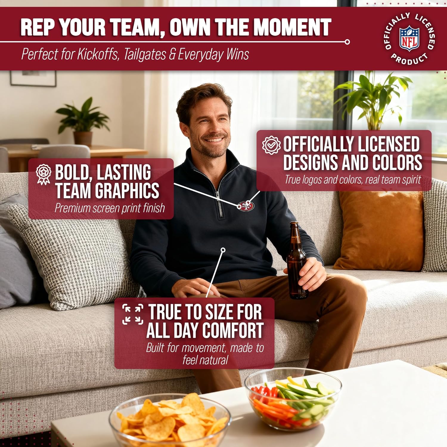 Team Fan Apparel NFL Adult Unisex Team Logo Quarter Zip Pullover Sweatshirt, Mid-Weight Officially Licensed Fleece Apparel - Image 5