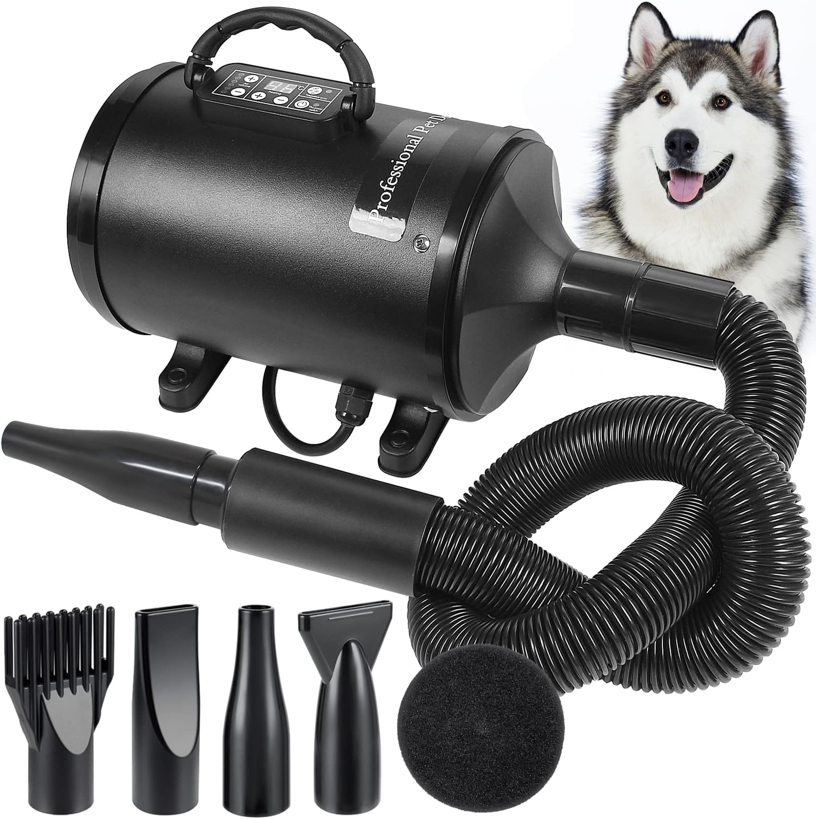 Dog Dryer, 3.2HP Dog Blow Dryer, Professional Pet Hair Blow Dryer, 6 Level Wind Speed Dog Dryers for Grooming with LCD Digital Display, 4 Different Nozzles(Black)