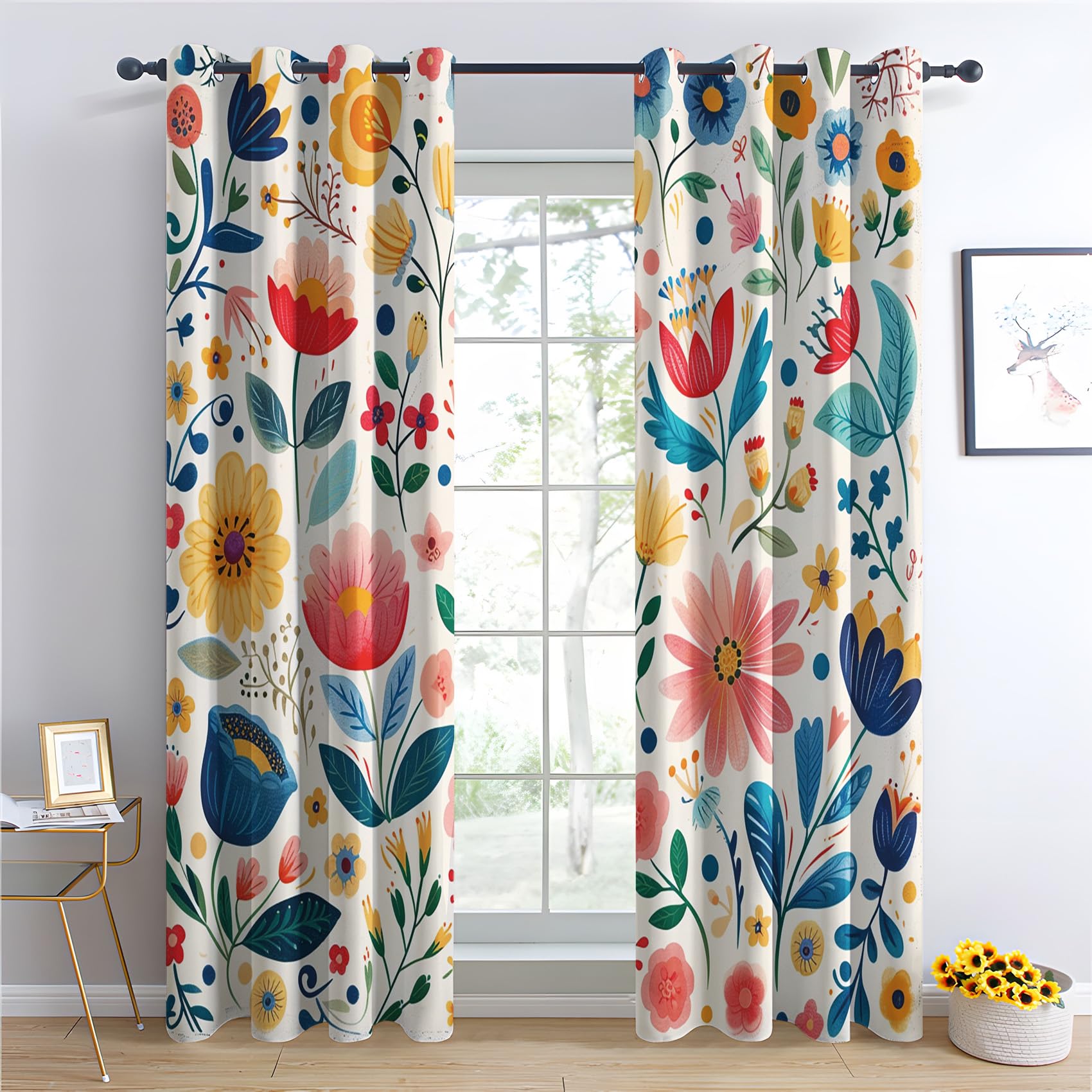 Generisch Bunte Blumenmuster Vorhang, Retro Florale Gardinen mit Ösen 2er Set Verdunkelungsvorhang, Aquarell Blumen Vorhänge, Wohnzimmer Schlafzimmer Kinderzimmer Blickdicht, 150x166 cm