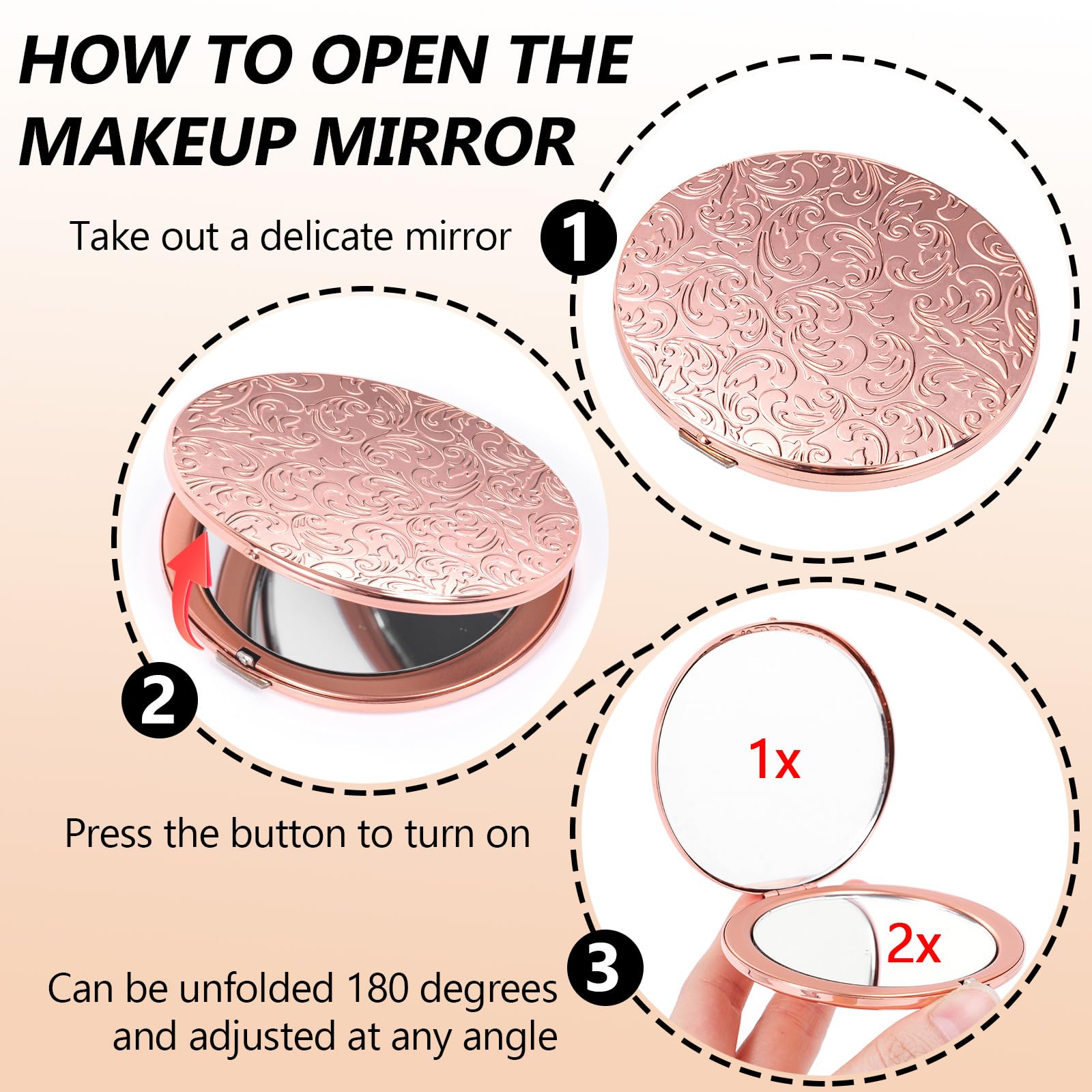 Mini Miroir Pliant Ovale en métal, Pratique, Compact, Beau, Robuste et Durable, loupe 1X/2X. (Ovale Motif-Rose)
