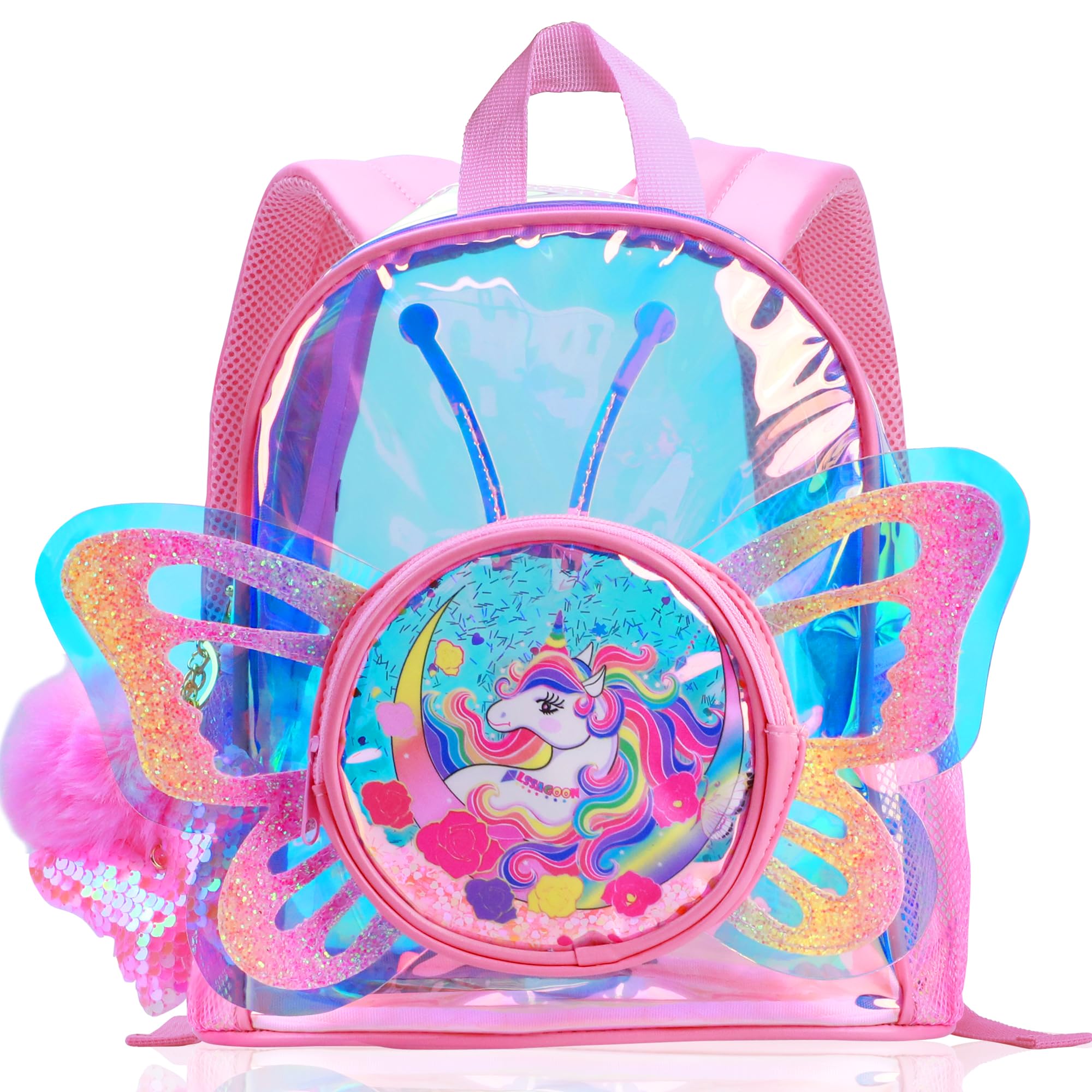 Unicorn Butterfly Wings Backpacks for Girls,Cute Holographic Glitter Clear School Bag for Kindergarten Nursery Preschool Primary,Toddler Kids Bookbag,Gift for Xmas Birthday