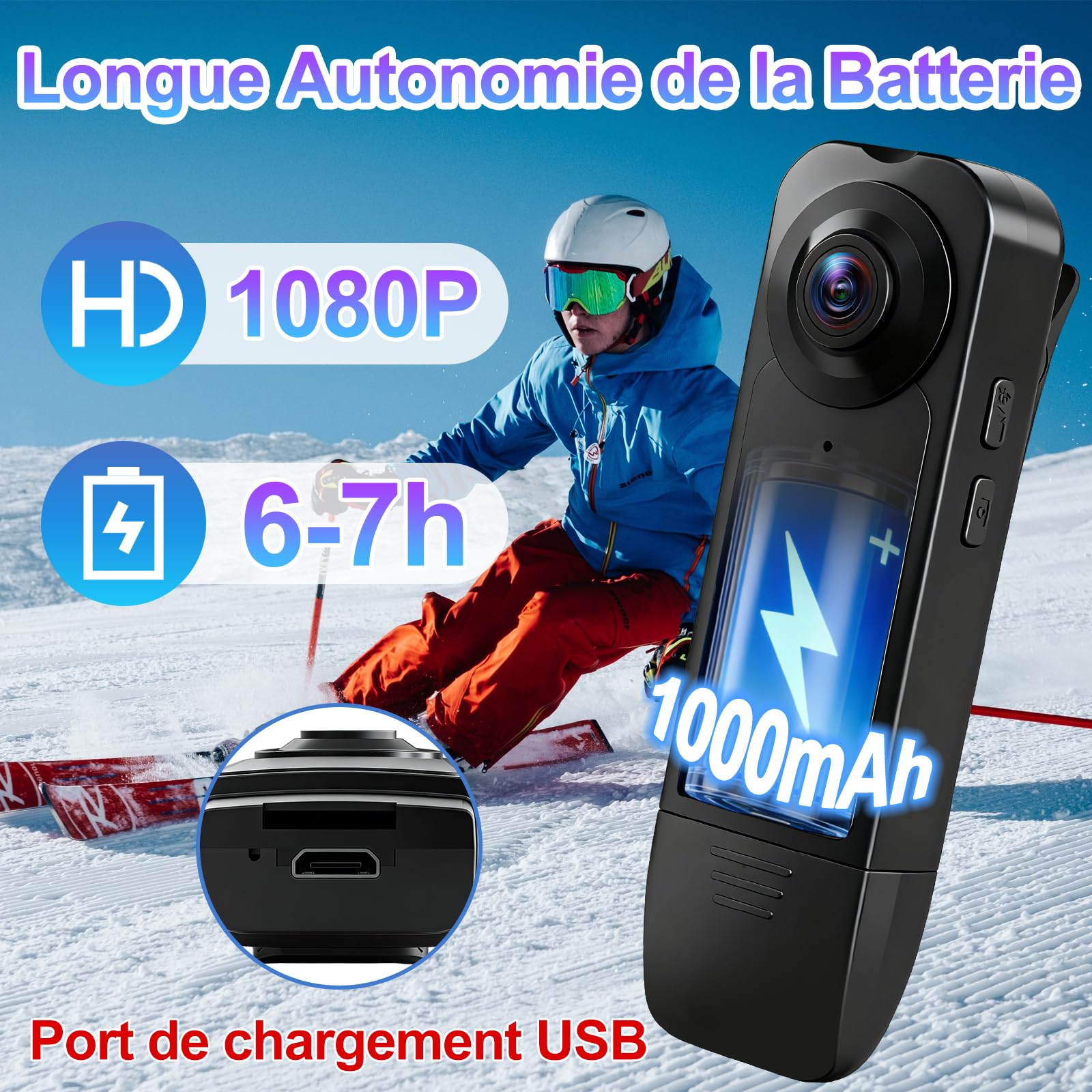 TANGMI Mini Camera Body, 7 Heures d'Utilisation Mains Libres Camera Pieton Portable, Vision Nocturne & 1080P HD Grand Angle 140° Camera Portable HD pour Enregistrement Vidéo et Prise de Photos
