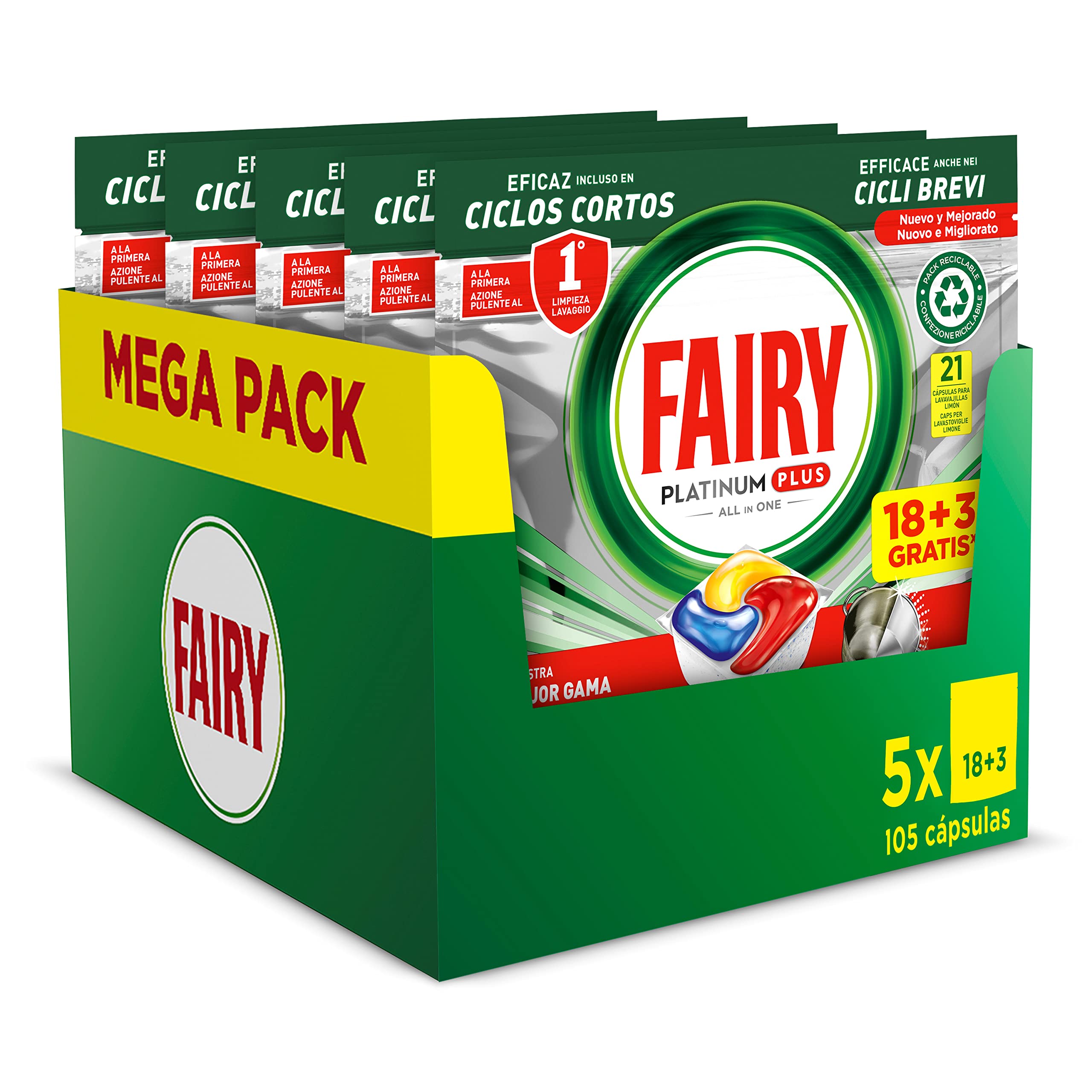 Fairy Platinum Plus Todo en Uno Pastillas Lavavajillas, 105 Capsulas Lavavajillas (5 x 21), Limpieza Profunda y Extra Brillo, Fragancia Limon