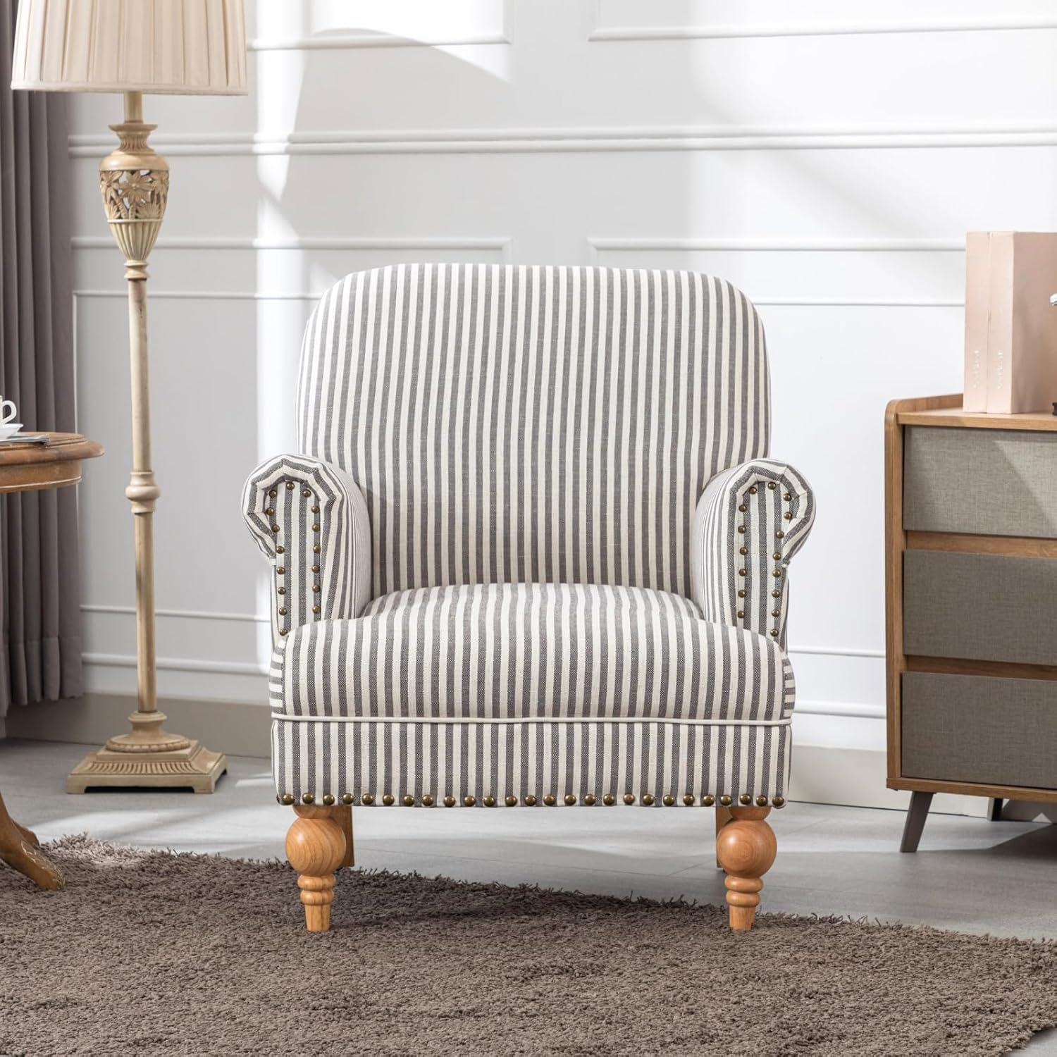 chairus Linen Accent Chair for Living Room Upholstered Mid Century Modern Single Sofa Chair with Solid Wood Legs Comfy Reading Chair Armchair for Bedroom/Office Room/Recption/Lounge, Black Stripe