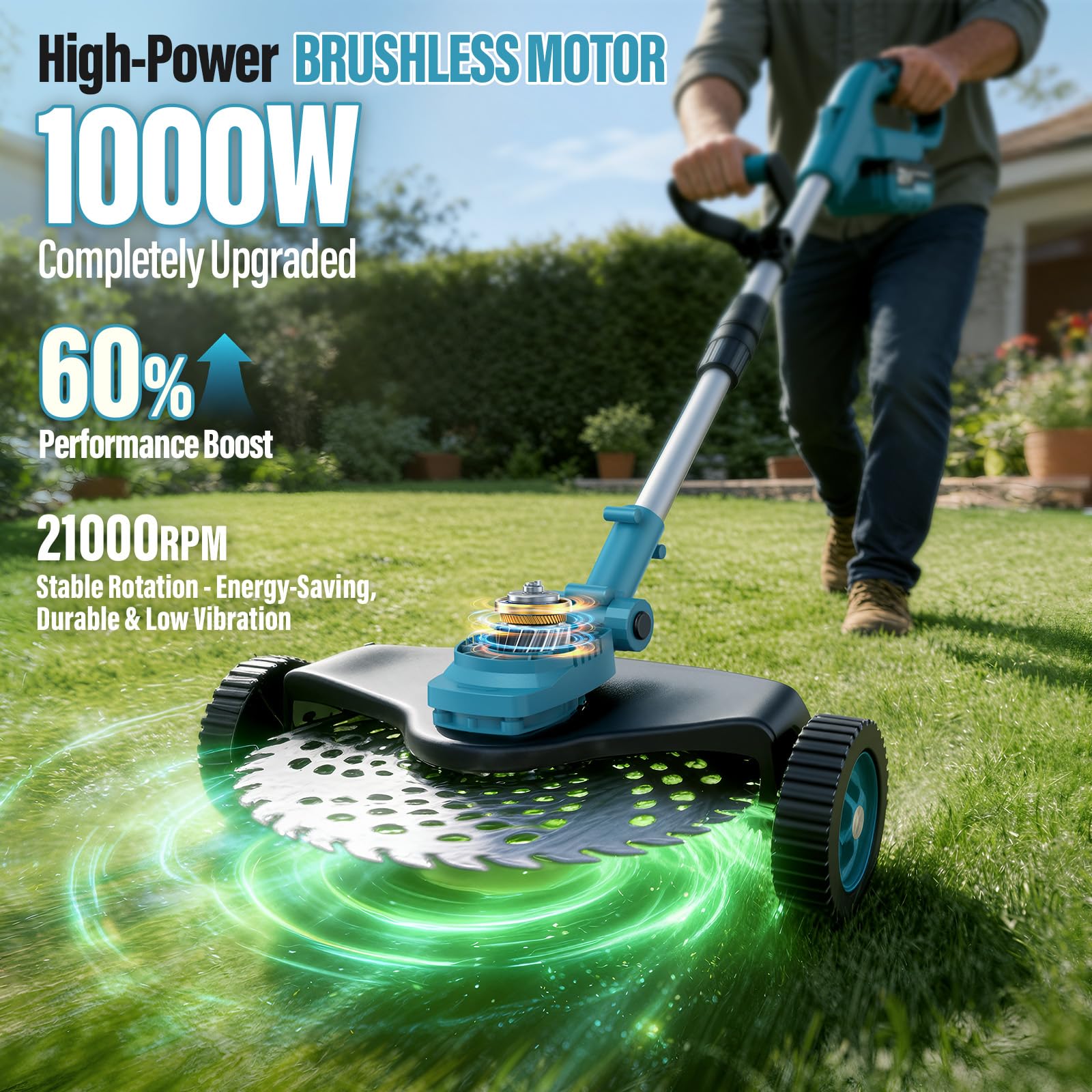 Débroussailleuse Électrique sans Fil 4-en-1 avec 2 Batteries 4,0 Ah, Moteur sans Balais, Coupe Bordure sans Fil avec 4 Types Lames Efficace, Tête Pivotante 90° pour Tondre Le Gazon