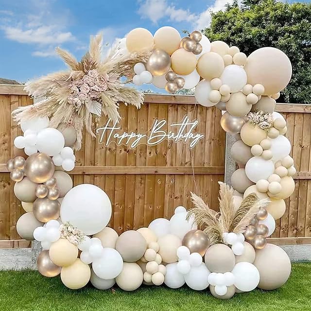 Balloon Arch Kit - 122 Pcs Beige Sand White Balloons - Easy to Assemble Beach White Balloon Arch with Accessories - Champagne Gold Balloon Birthday Decorations and Wedding Kids Shower Party Balloons.