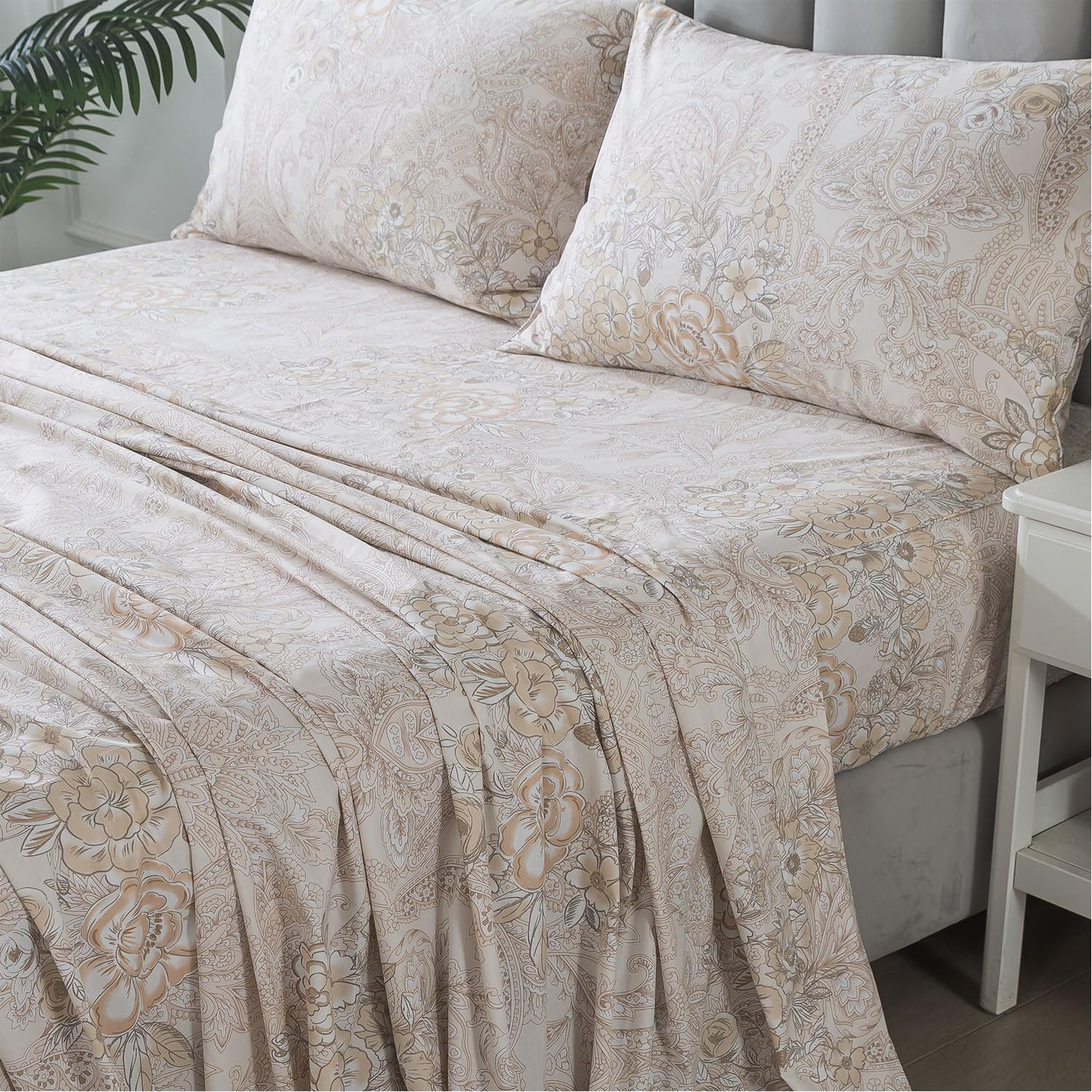 FADFAY Twin XL Paisley Sheets for College Percale Cotton Grey Paisley Patterned Bed Sheet Shabby Vintage Chic Bedding Dorm Room Soft Crisp & Cool Deep Pocket Fitted Sheet, 4Pcs