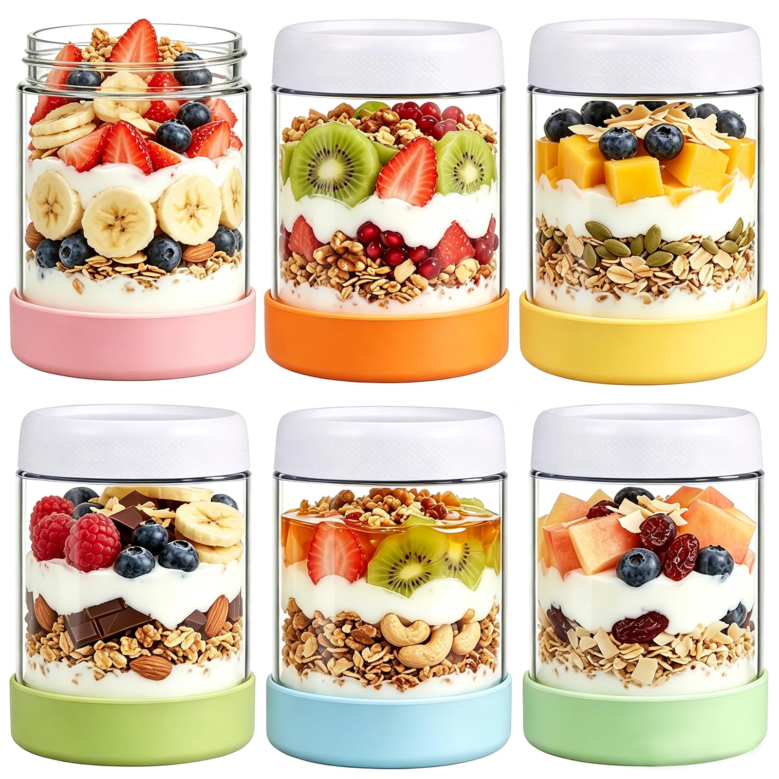 JohnBee Mason Jars, 6-Pack 16oz Glass Overnight Oats Containers