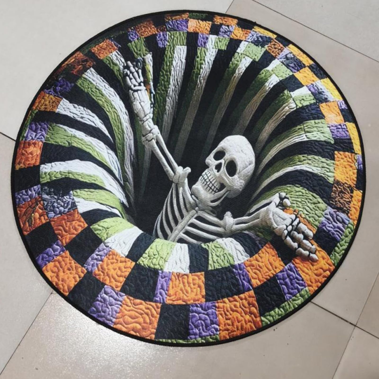 Halloween 3D Lllusion Skeleton Vortex Round Rug Candy Corn Abyss Non-Slip Spooky Carpet For Lndoor Outdoor Patio Party Home Decor (C,40inches)