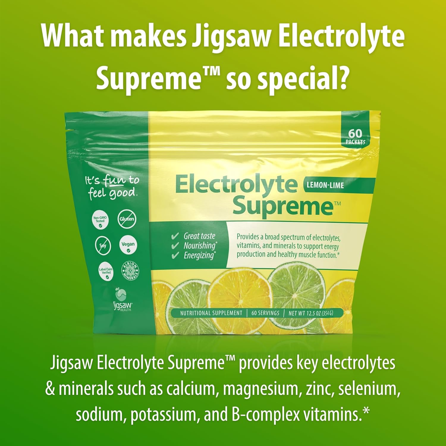 Jigsaw Health Electrolyte Supreme | Broad Spectrum of Electrolytes + Trace Minerals | Lemon-Lime Flavor | 60 Servings (Packets)